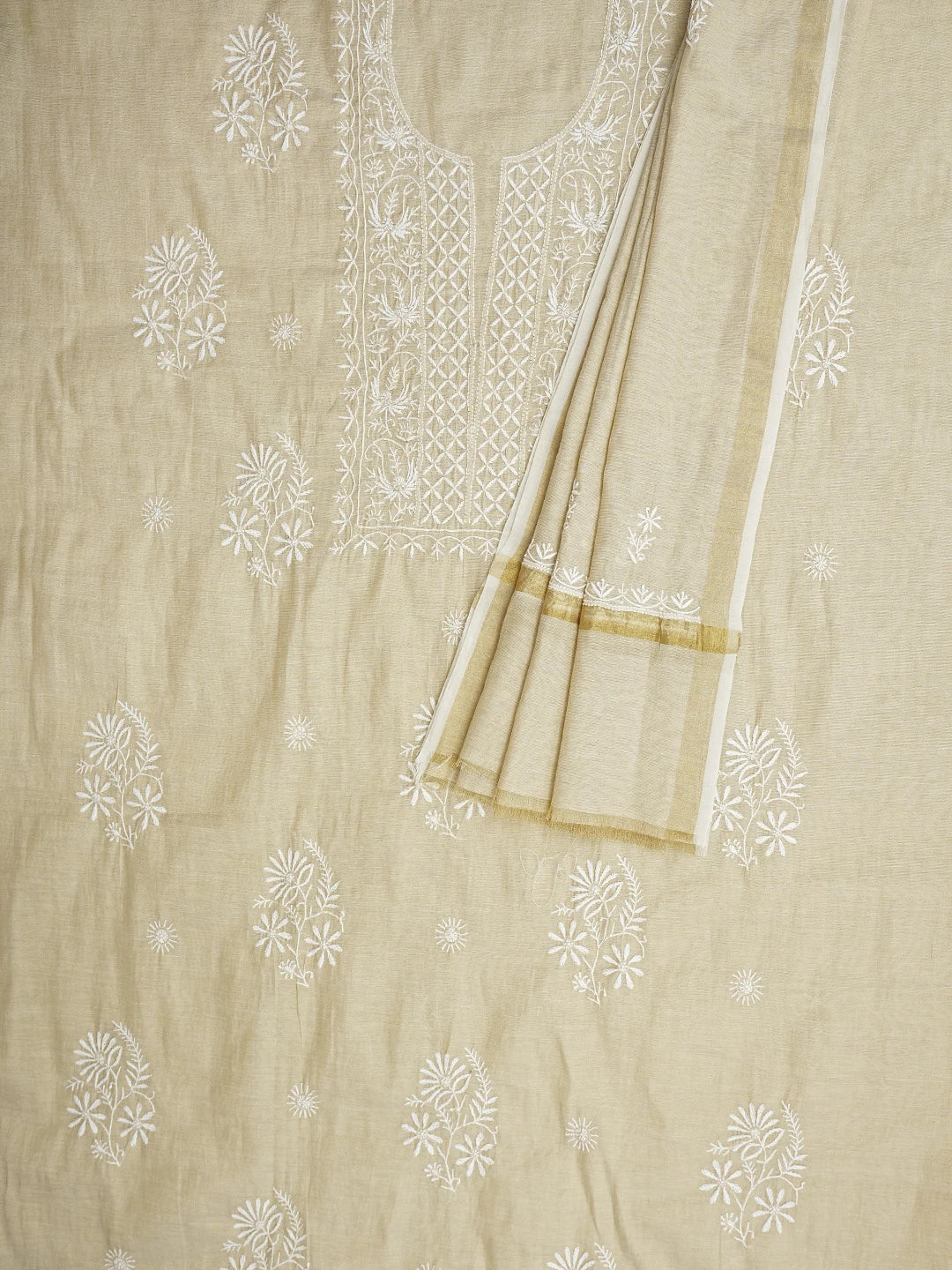 Ada Hand Embroidered Fawn Tissue Lucknowi Chikankari Unstitched Kurta Dupatta Set 01A912328