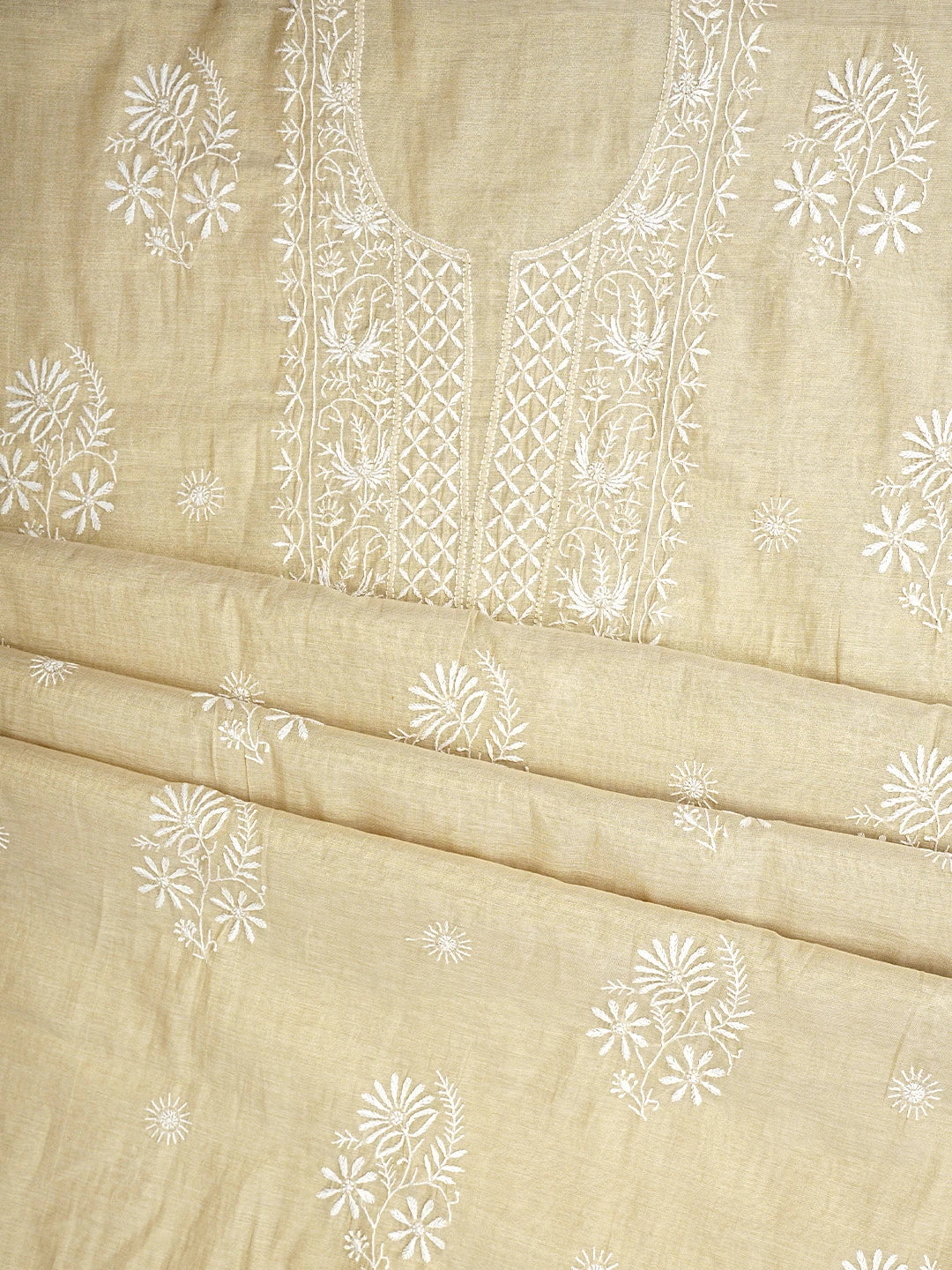 Ada Hand Embroidered Fawn Tissue Lucknowi Chikankari Unstitched Kurta Dupatta Set 01A912328
