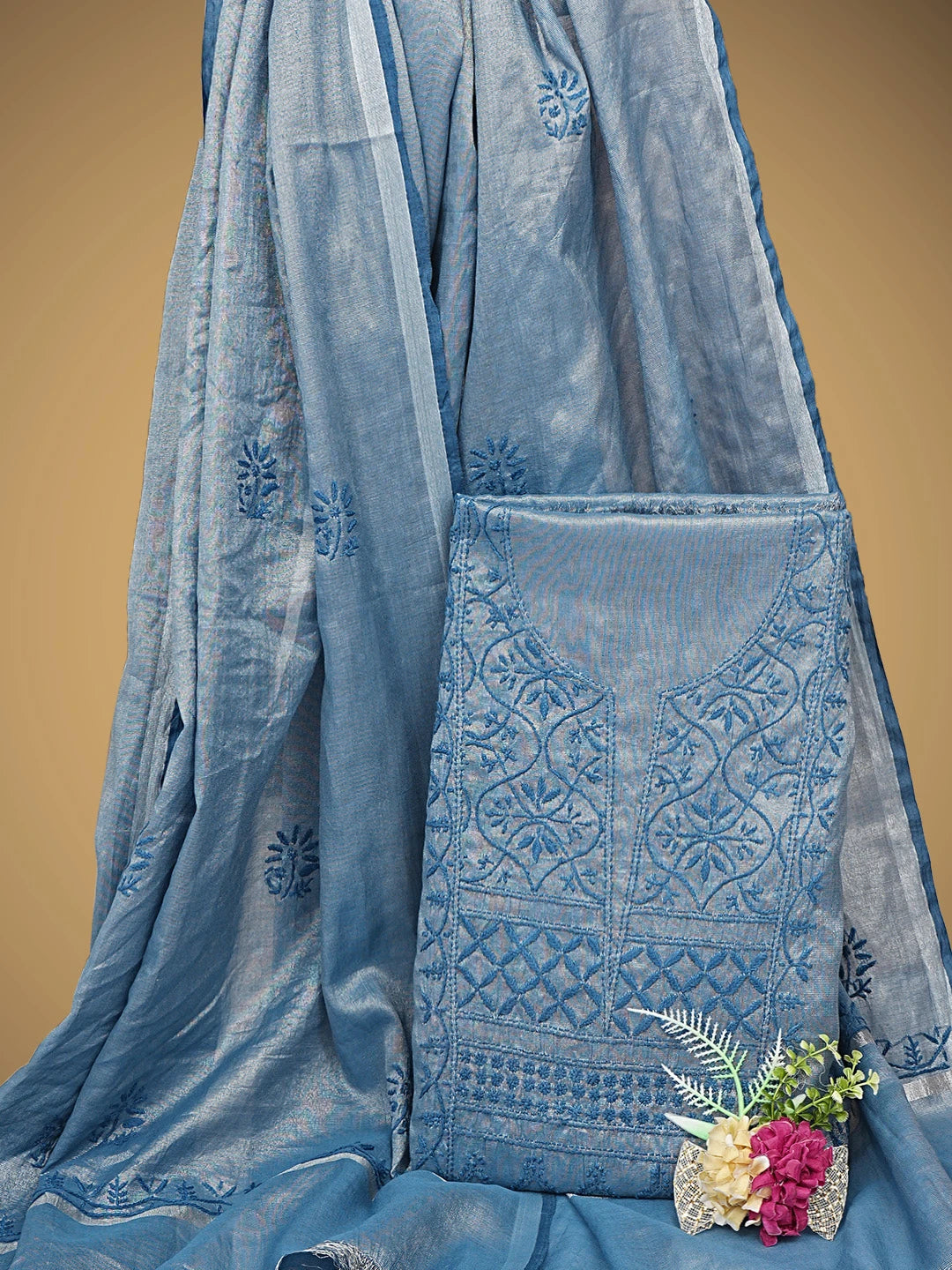 Ada Hand Embroidered Glaucous Blue Tissue Lucknowi Chikankari Unstitched Kurta Dupatta Set 01A761081
