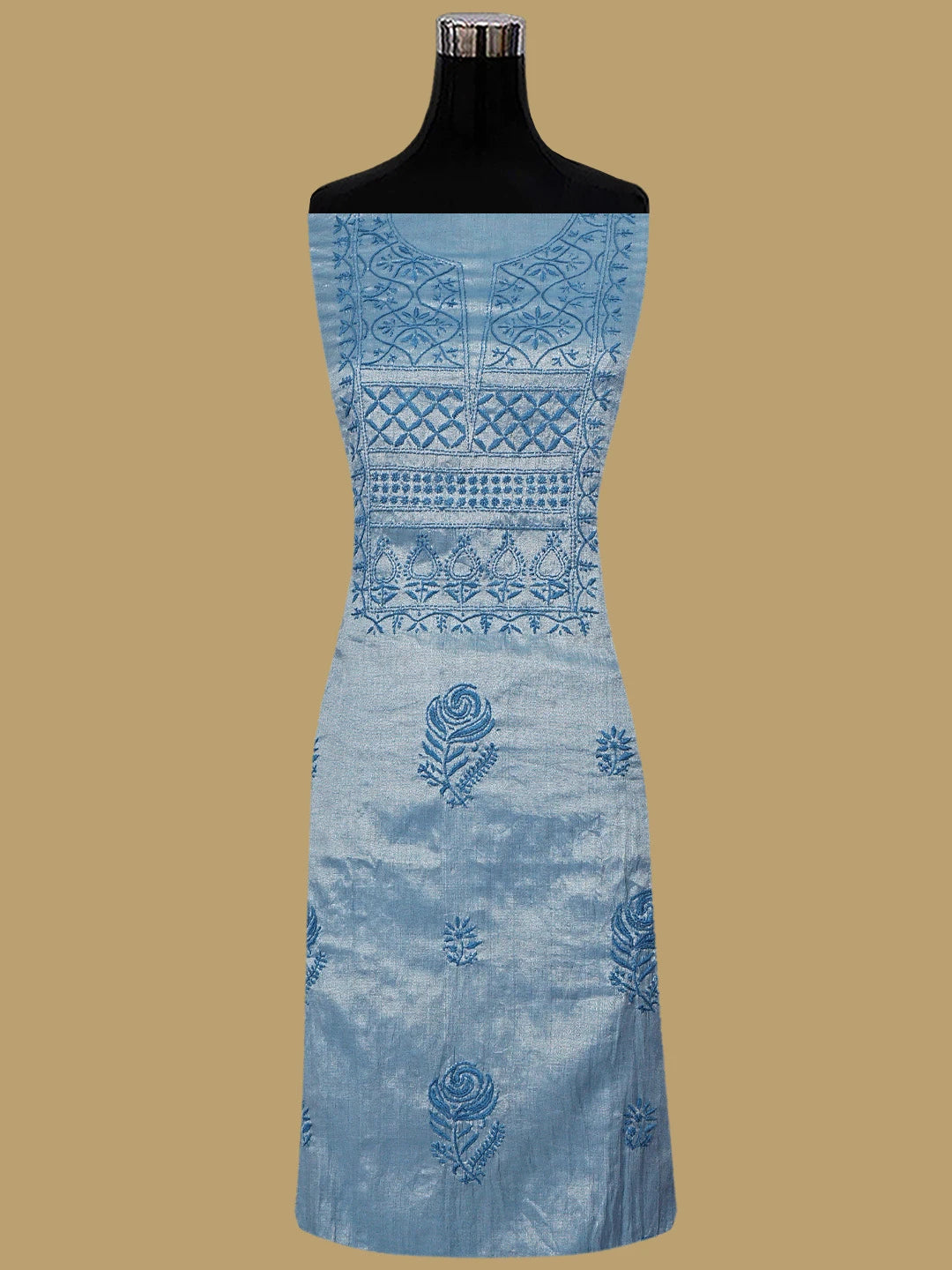 Ada Hand Embroidered Glaucous Blue Tissue Lucknowi Chikankari Unstitched Kurta Dupatta Set 01A761081