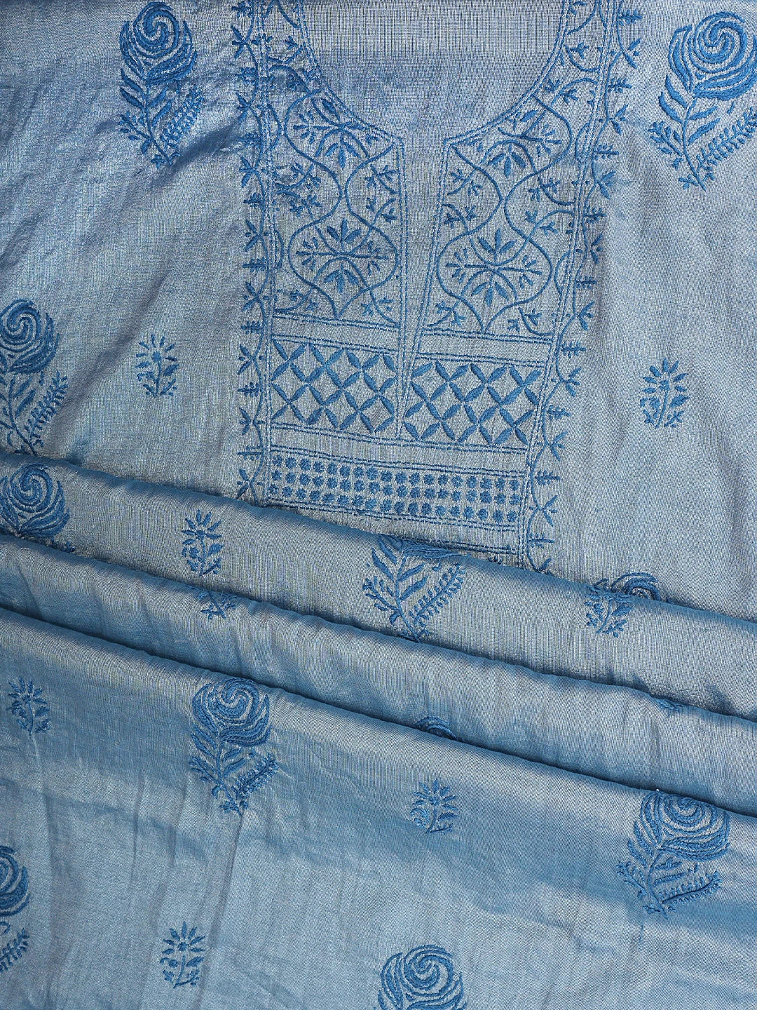 Ada Hand Embroidered Glaucous Blue Tissue Lucknowi Chikankari Unstitched Kurta Dupatta Set 01A761081