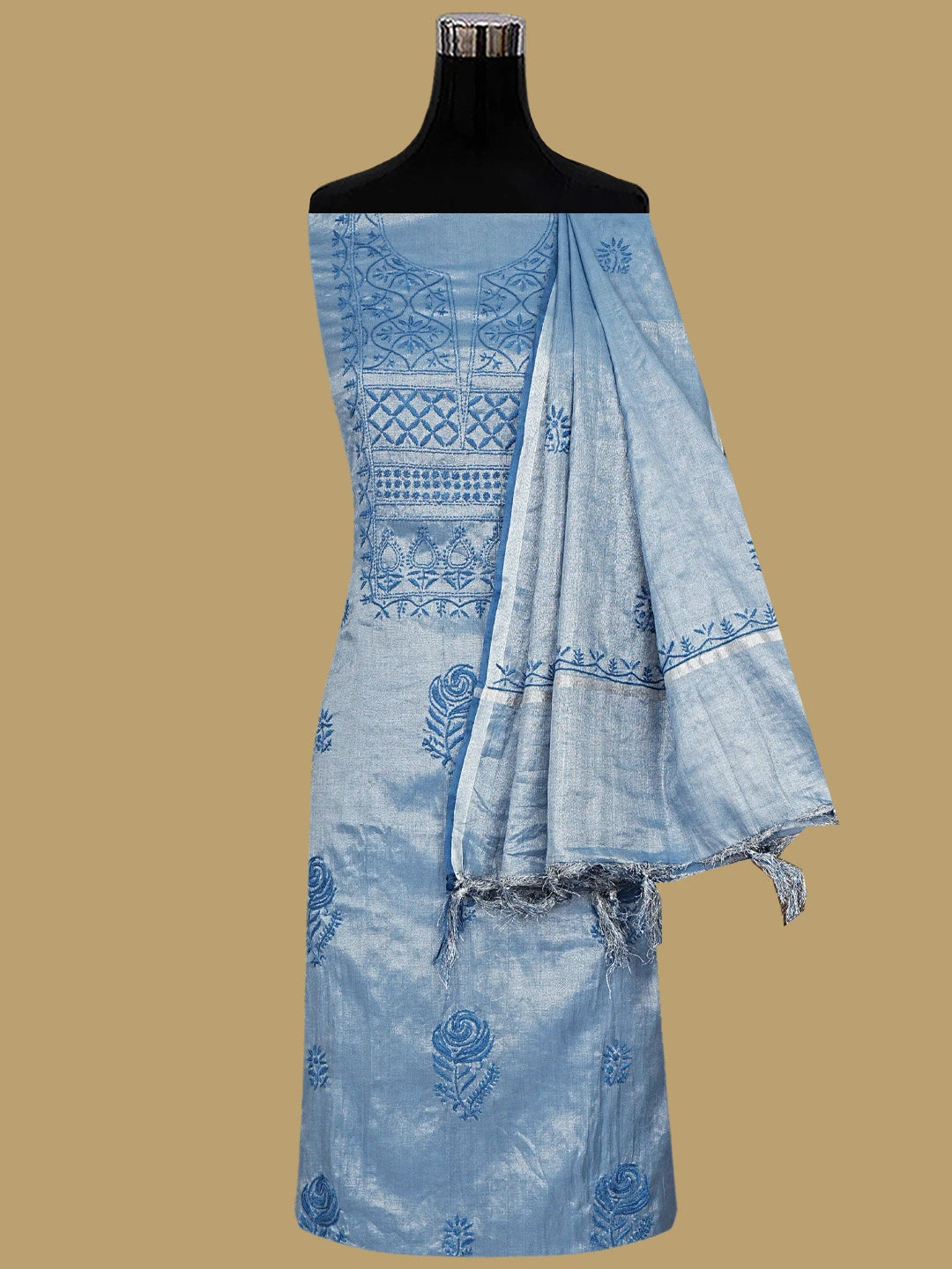 Ada Hand Embroidered Glaucous Blue Tissue Lucknowi Chikankari Unstitched Kurta Dupatta Set 01A761081