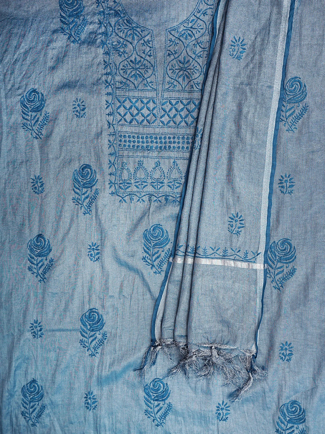 Ada Hand Embroidered Glaucous Blue Tissue Lucknowi Chikankari Unstitched Kurta Dupatta Set 01A761081