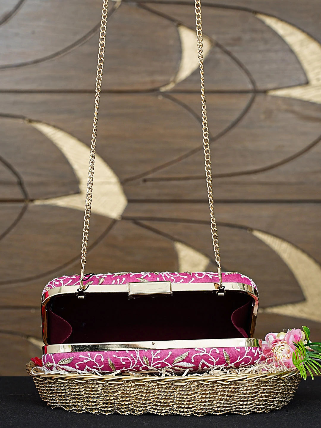 Ada Hand Embroidered Magenta Silk Lucknowi Chikankari Clutch With Zari Work 01A933541