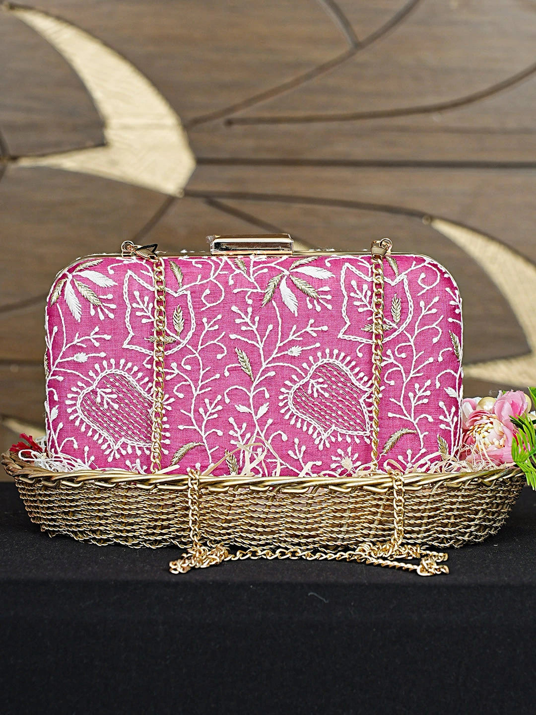 Ada Hand Embroidered Magenta Silk Lucknowi Chikankari Clutch With Zari Work 01A933541