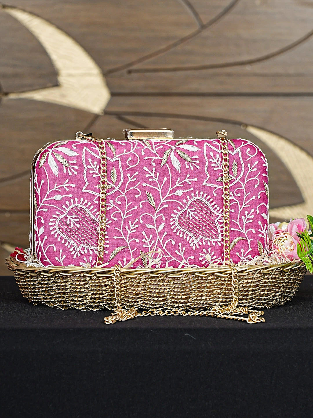 Ada Hand Embroidered Magenta Silk Lucknowi Chikankari Clutch With Zari Work 01A933541