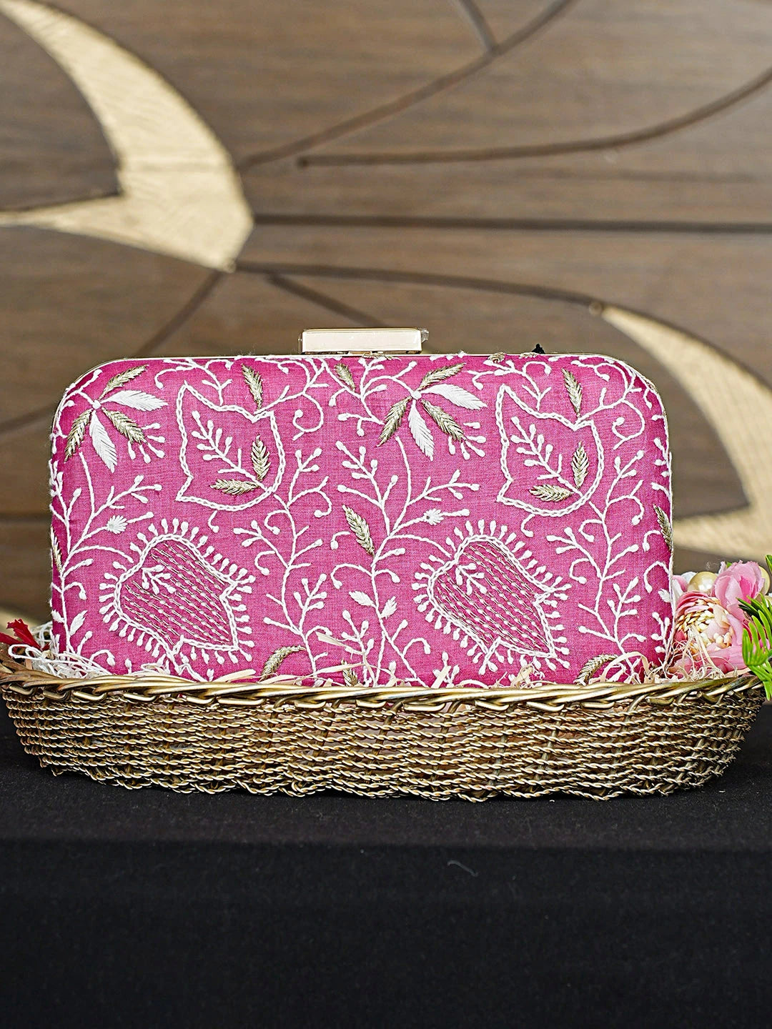Ada Hand Embroidered Magenta Silk Lucknowi Chikankari Clutch With Zari Work 01A933541