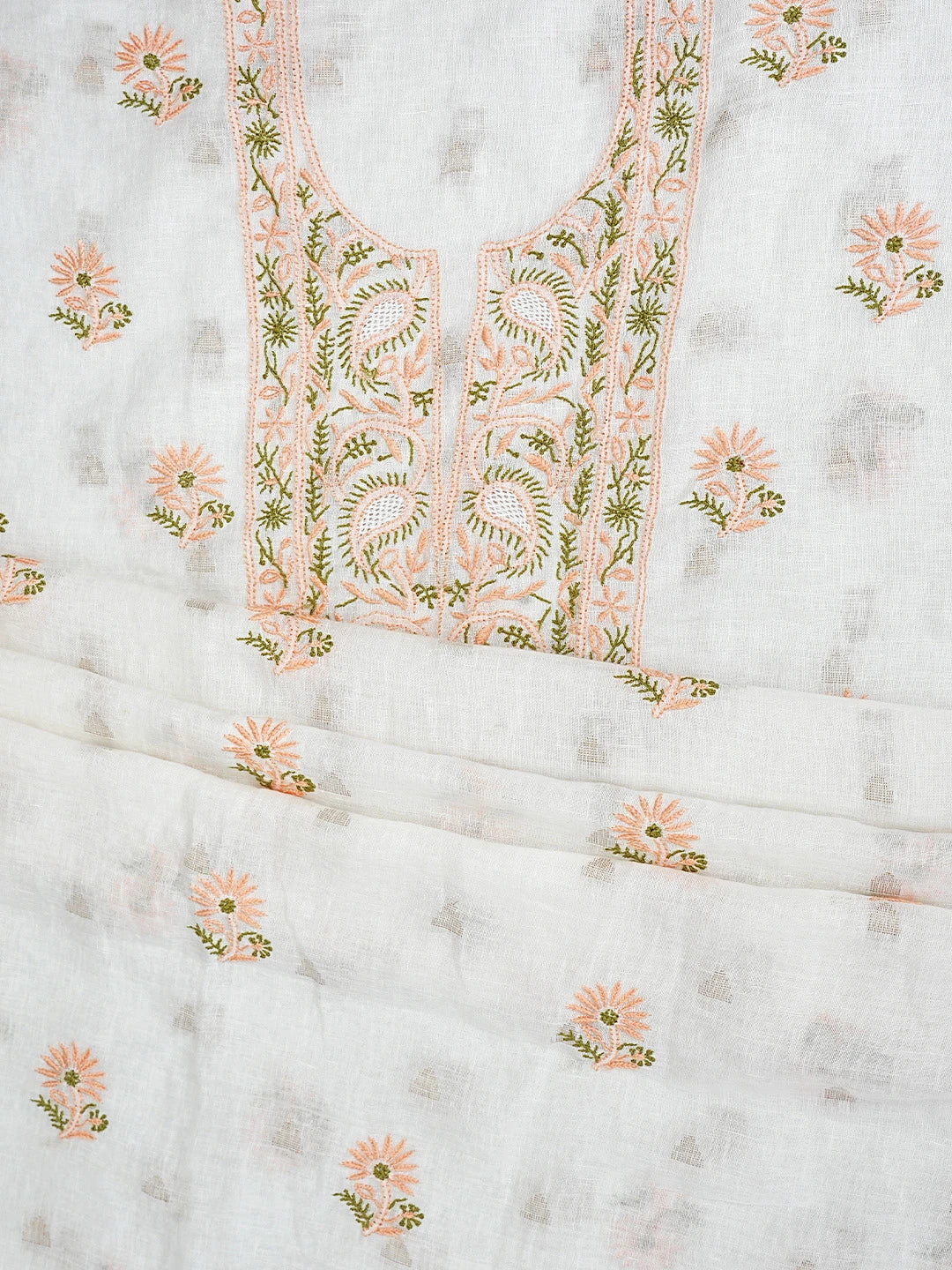 Ada Hand Embroidered White Linen Lucknowi Chikankari Unstitched Kurta Dupatta Set 01A917361
