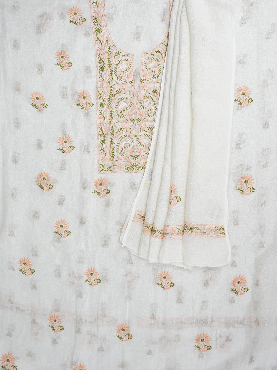 Ada Hand Embroidered White Linen Lucknowi Chikankari Unstitched Kurta Dupatta Set 01A917361