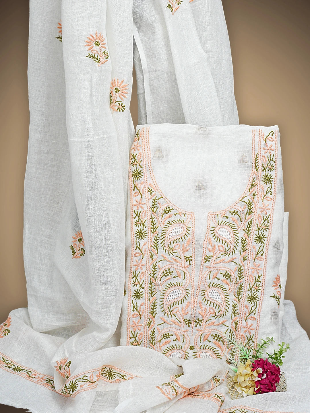 Ada Hand Embroidered White Linen Lucknowi Chikankari Unstitched Kurta Dupatta Set 01A917361