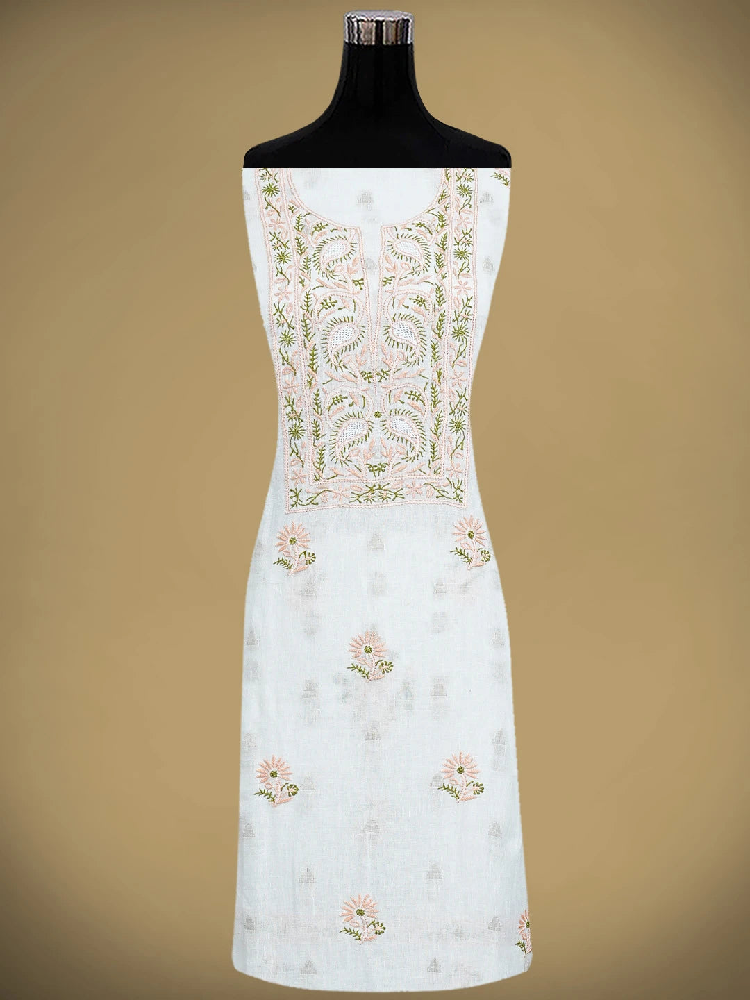Ada Hand Embroidered White Linen Lucknowi Chikankari Unstitched Kurta Dupatta Set 01A917361