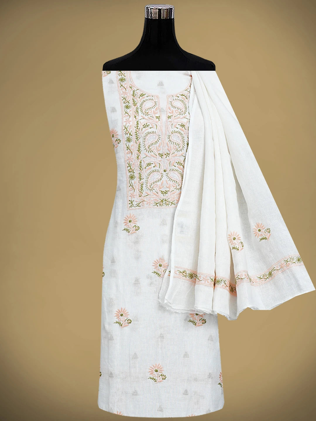 Ada Hand Embroidered White Linen Lucknowi Chikankari Unstitched Kurta Dupatta Set 01A917361