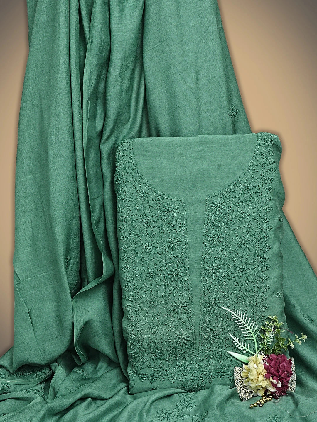 Ada Hand Embroidered Bottle Green Muslin Lucknowi Chikankari Unstitched Kurta Dupatta Set 01A643336