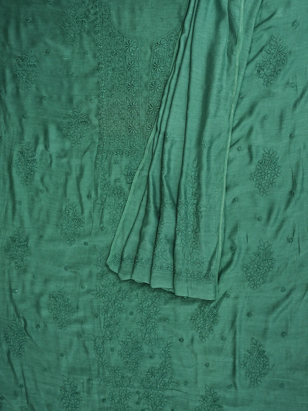Ada Hand Embroidered Bottle Green Muslin Lucknowi Chikankari Unstitched Kurta Dupatta Set 01A643336