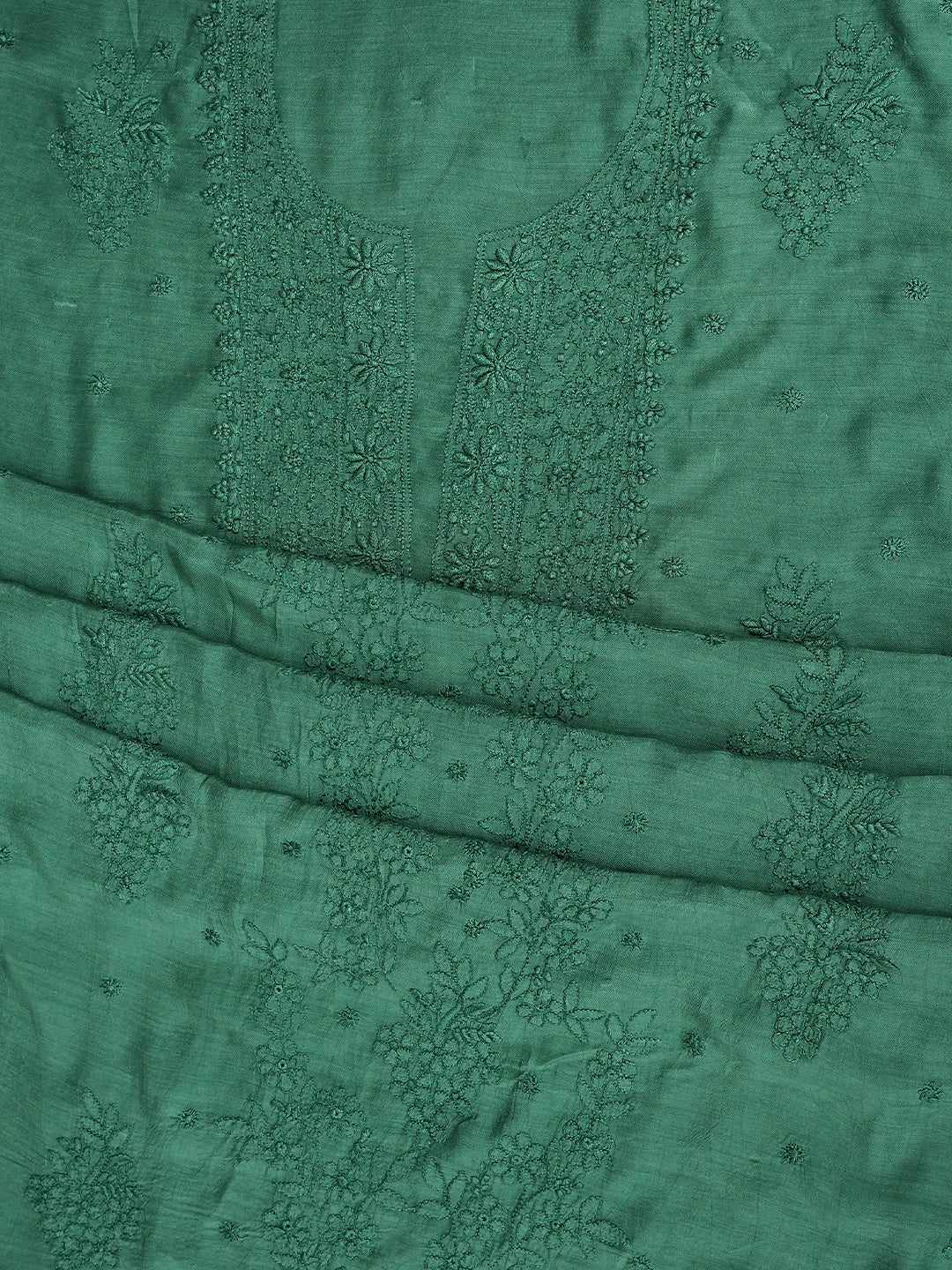 Ada Hand Embroidered Bottle Green Muslin Lucknowi Chikankari Unstitched Kurta Dupatta Set 01A643336