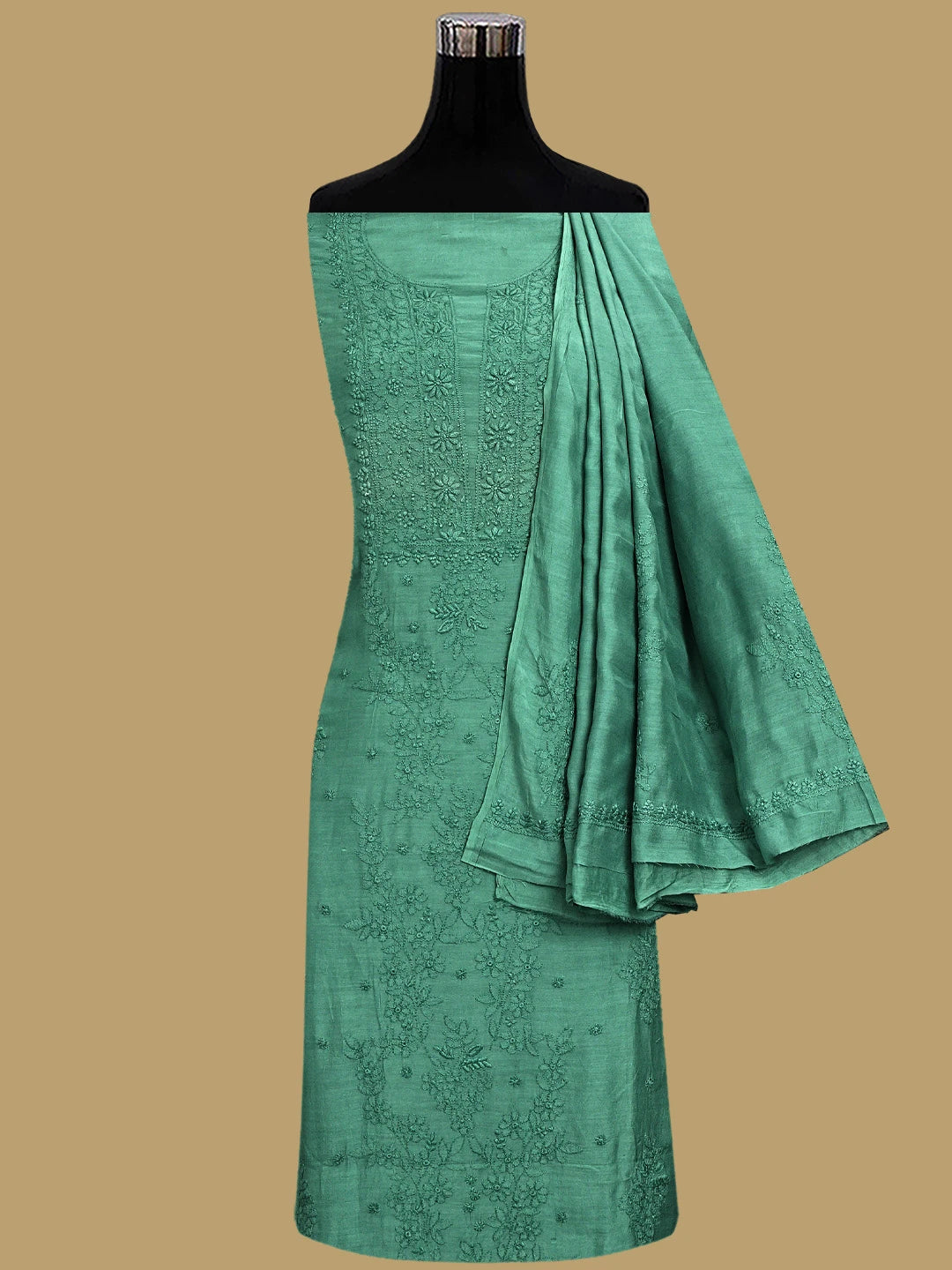 Ada Hand Embroidered Bottle Green Muslin Lucknowi Chikankari Unstitched Kurta Dupatta Set 01A643336