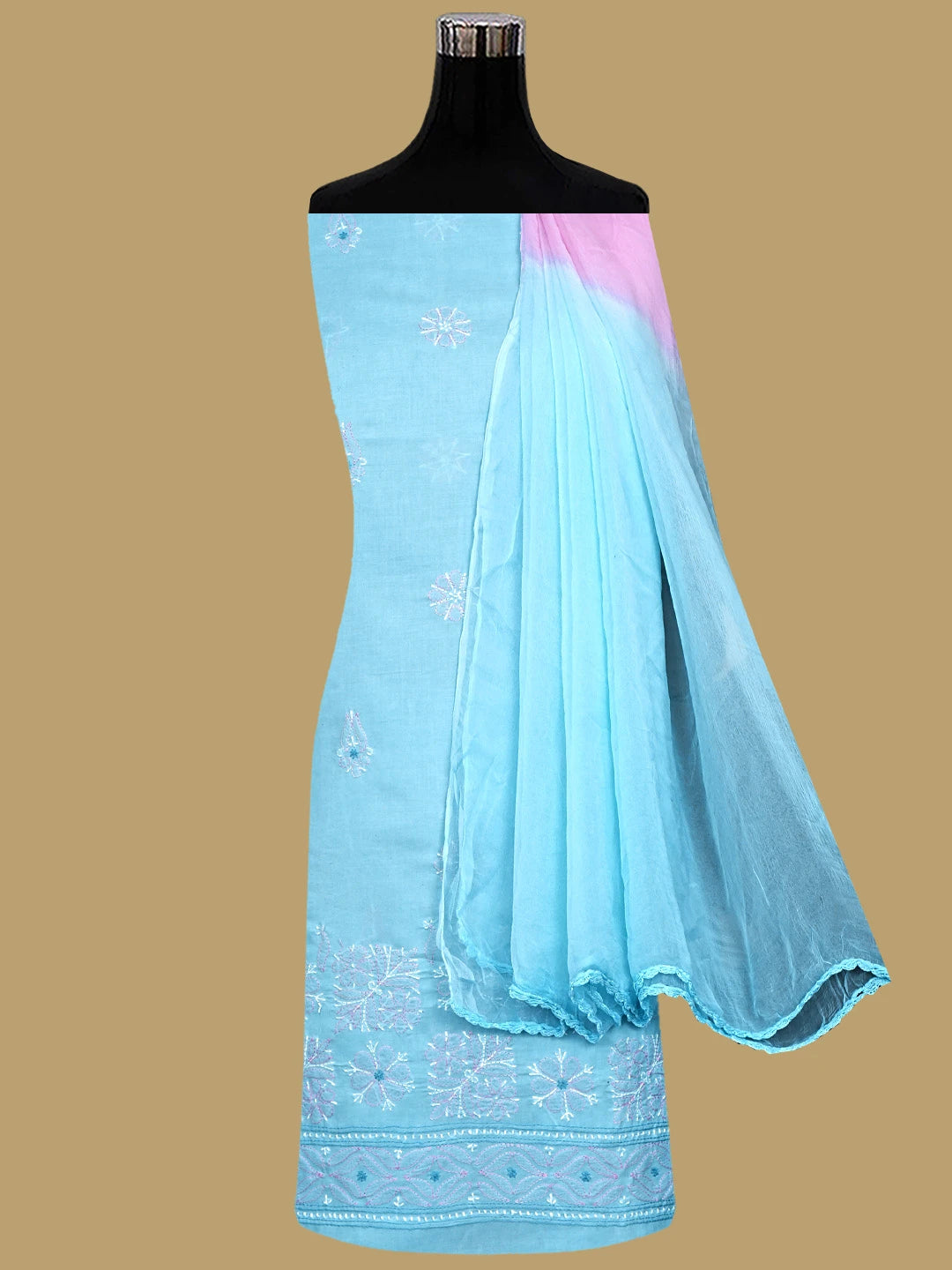 Ada Hand Embroidered Blue Cotton Lucknowi Chikankari Unstitched Suit Piece 01A564627