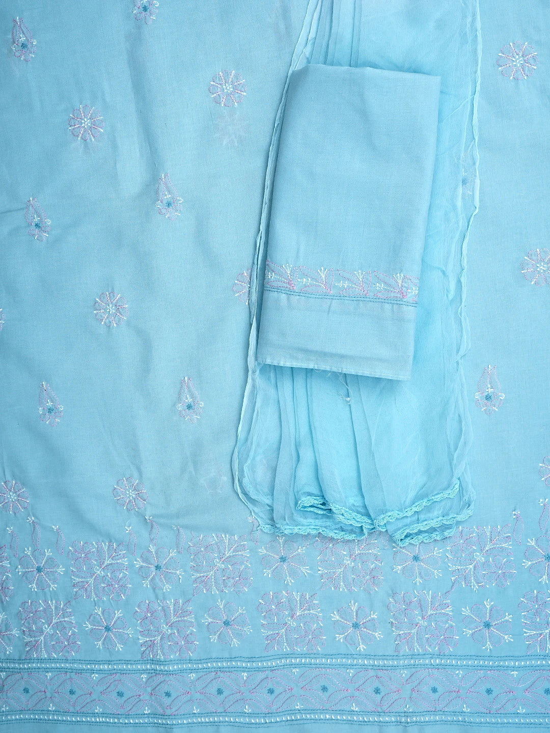 Ada Hand Embroidered Blue Cotton Lucknowi Chikankari Unstitched Suit Piece 01A564627