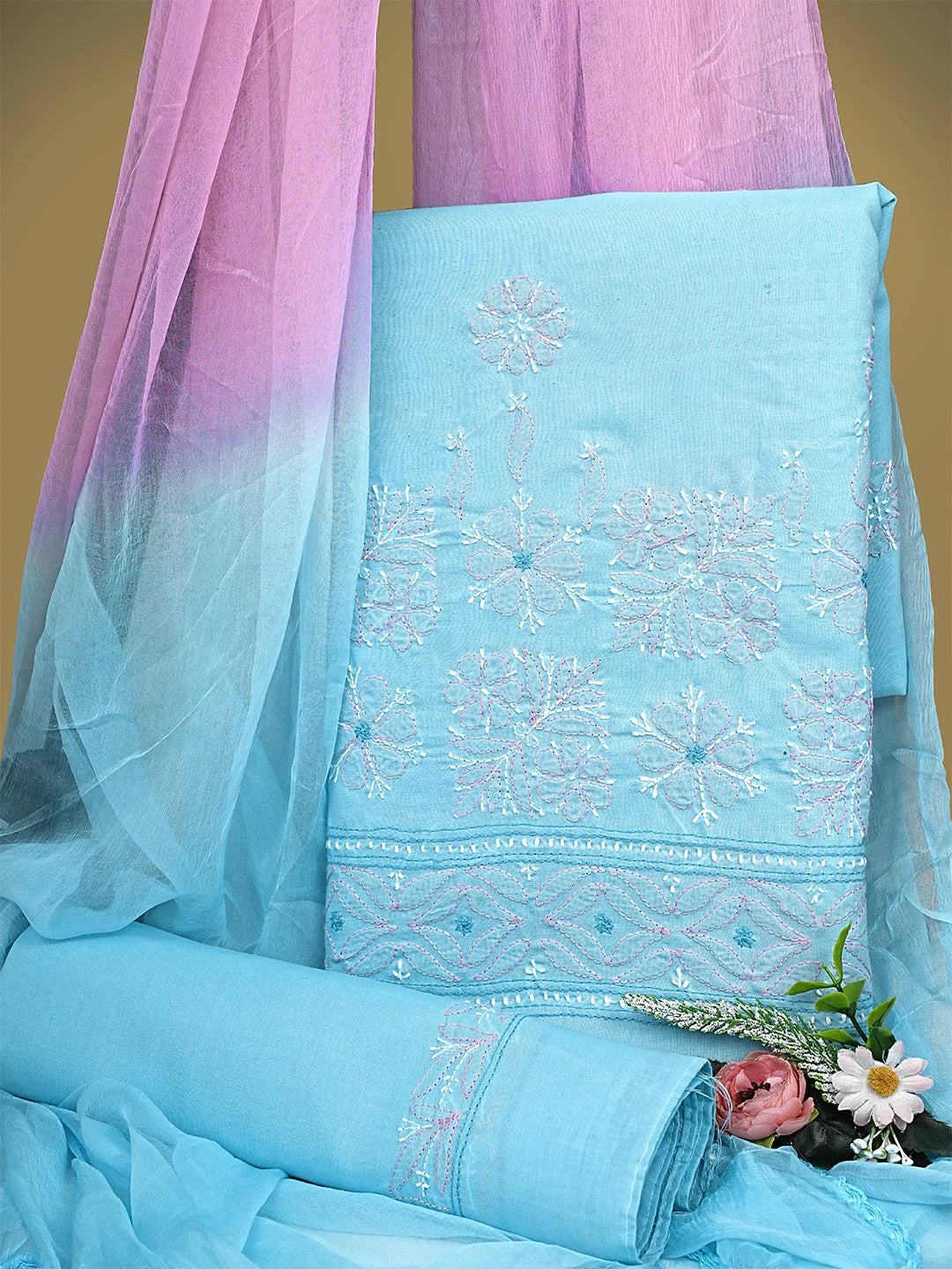 Ada Hand Embroidered Blue Cotton Lucknowi Chikankari Unstitched Suit Piece 01A564627