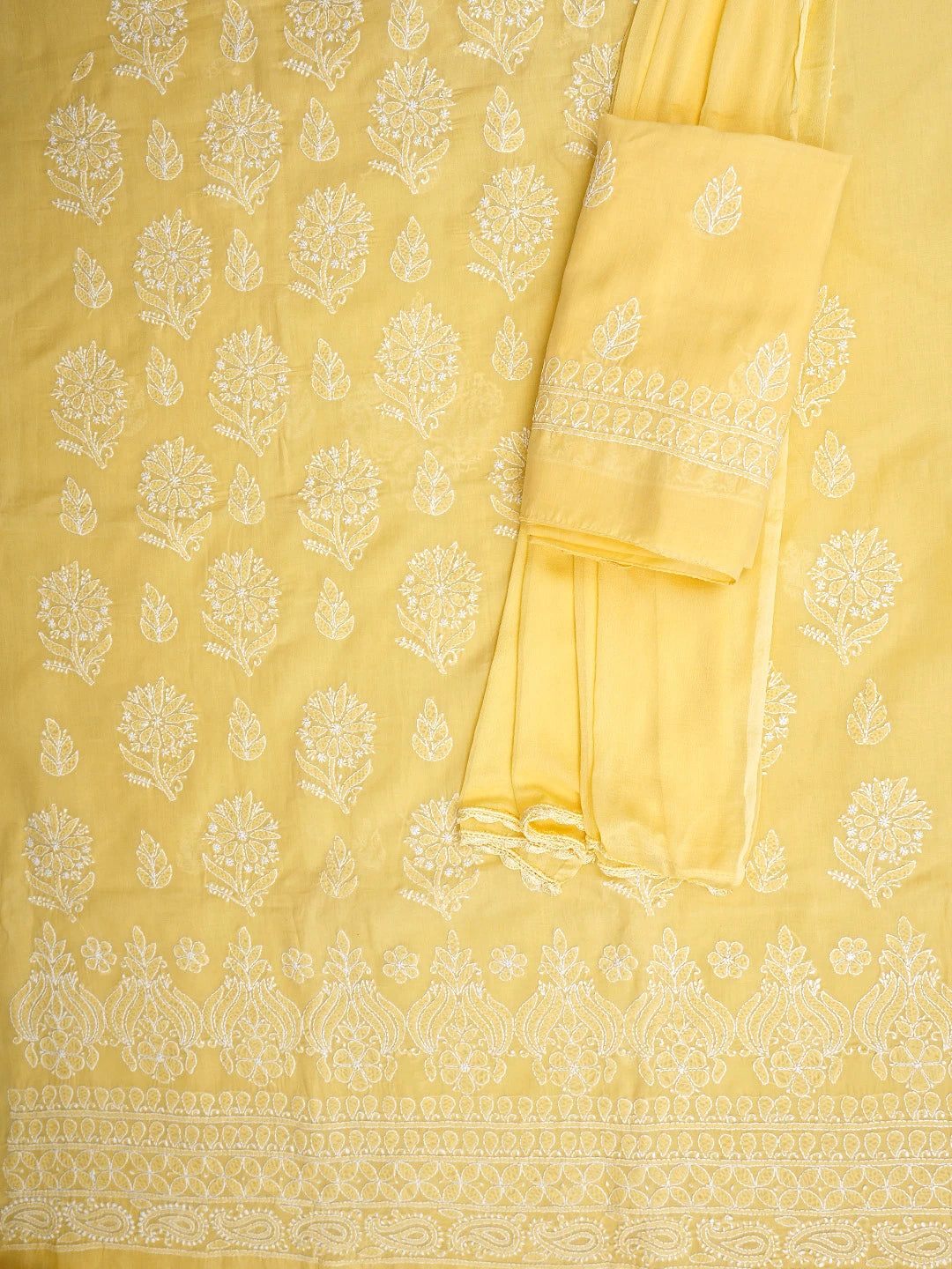 Ada Hand Embroidered Yellow Cotton Lucknowi Chikankari Unstitched Suit Piece 01A581809