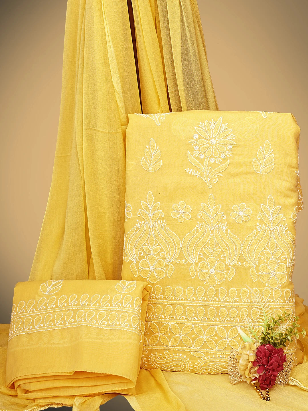 Ada Hand Embroidered Yellow Cotton Lucknowi Chikankari Unstitched Suit Piece 01A581809