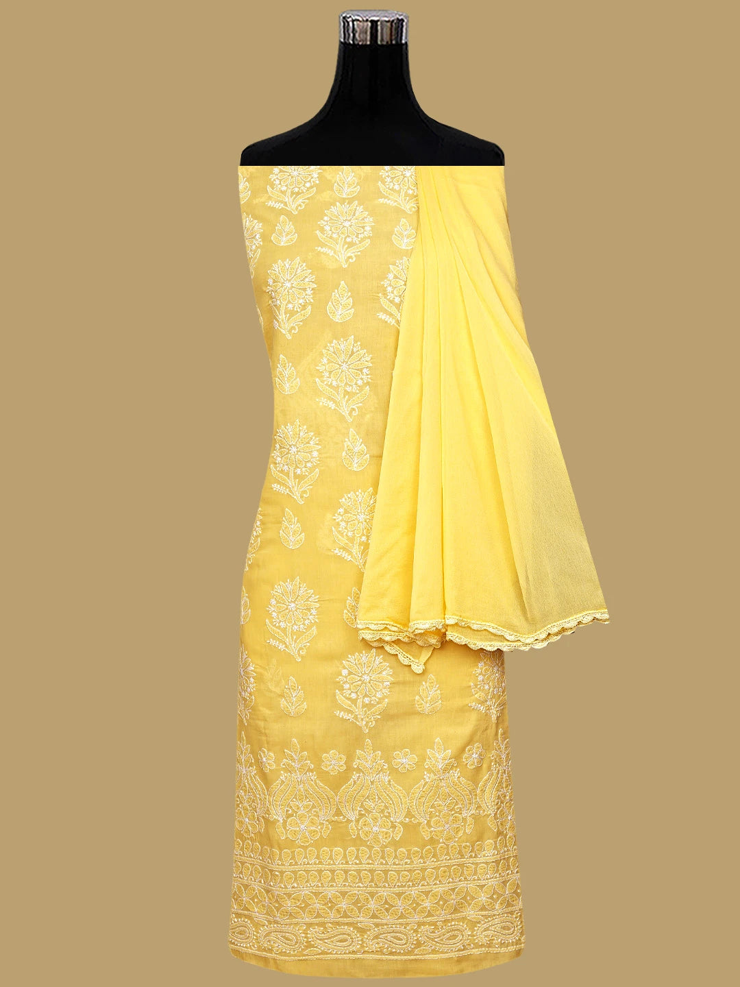 Ada Hand Embroidered Yellow Cotton Lucknowi Chikankari Unstitched Suit Piece 01A581809