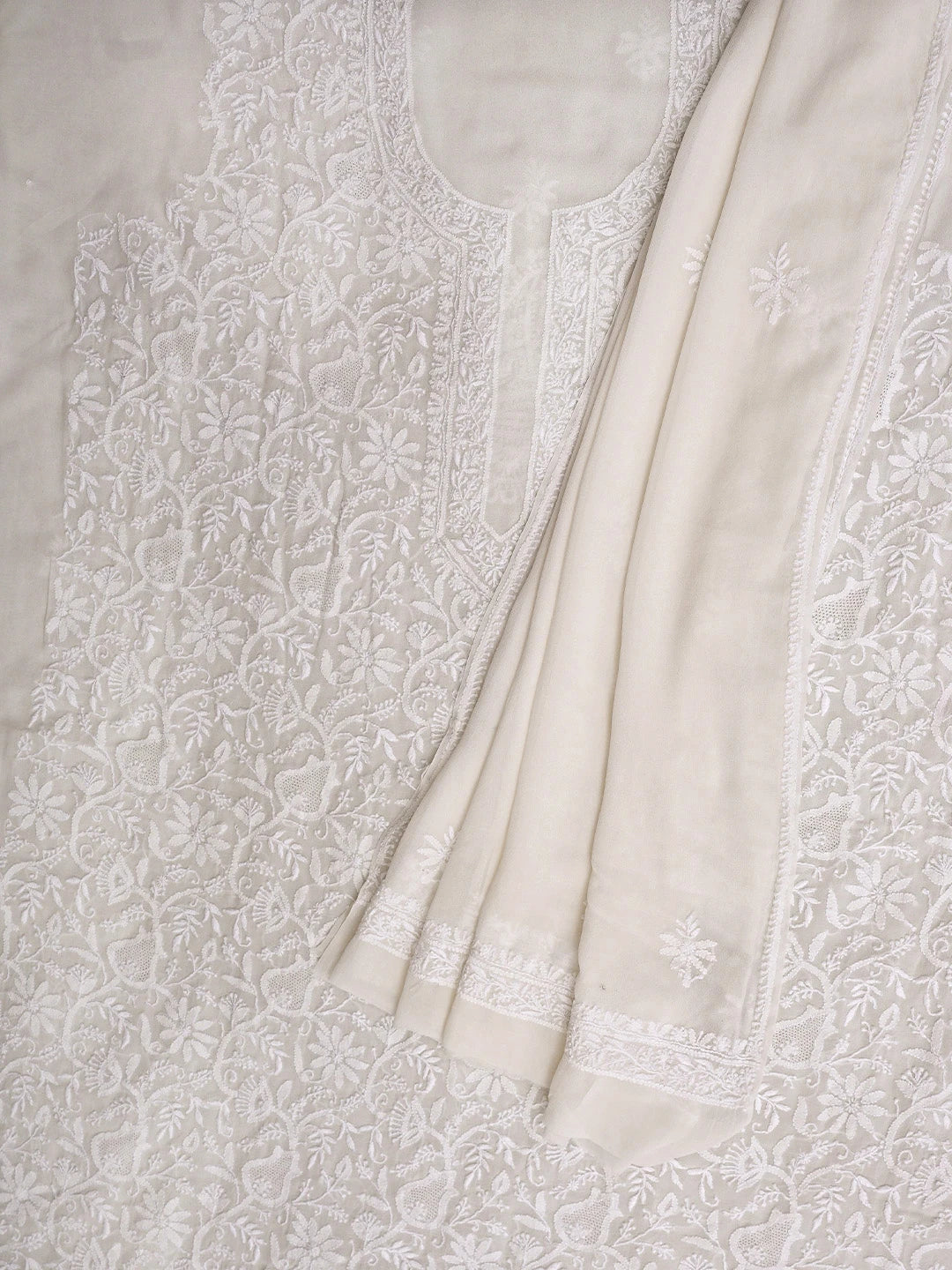 Ada Hand Embroidered White Pure Georgette Lucknowi Chikankari Unstitched Kurta Dupatta Set 01A935443