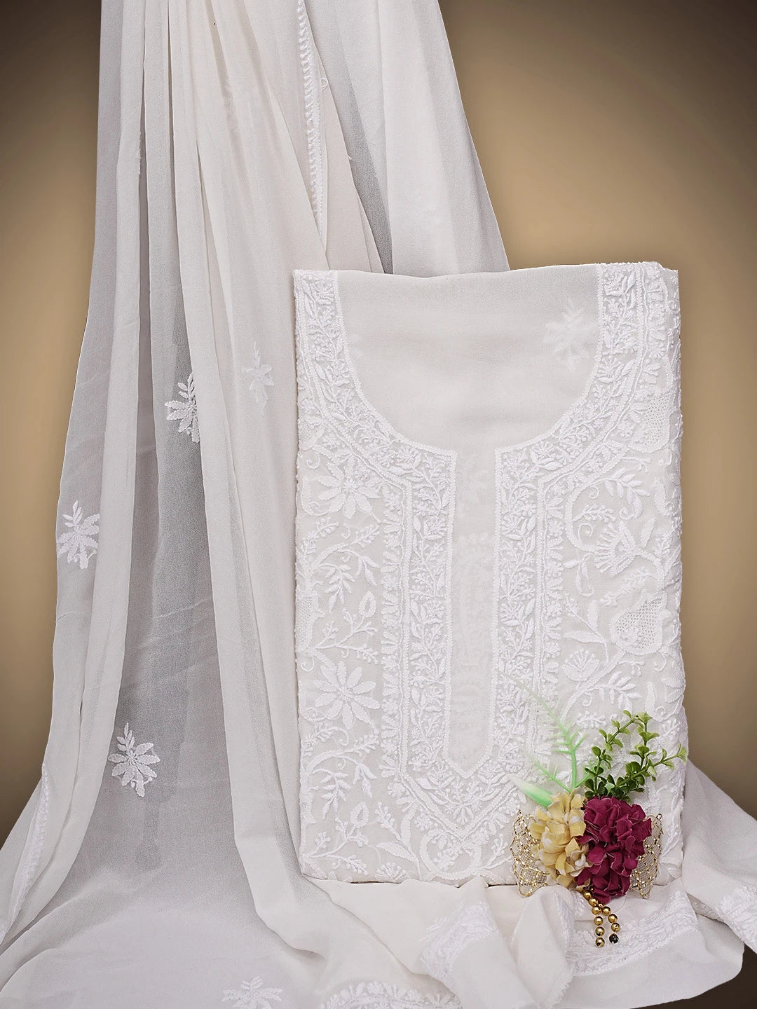 Ada Hand Embroidered White Pure Georgette Lucknowi Chikankari Unstitched Kurta Dupatta Set 01A935443