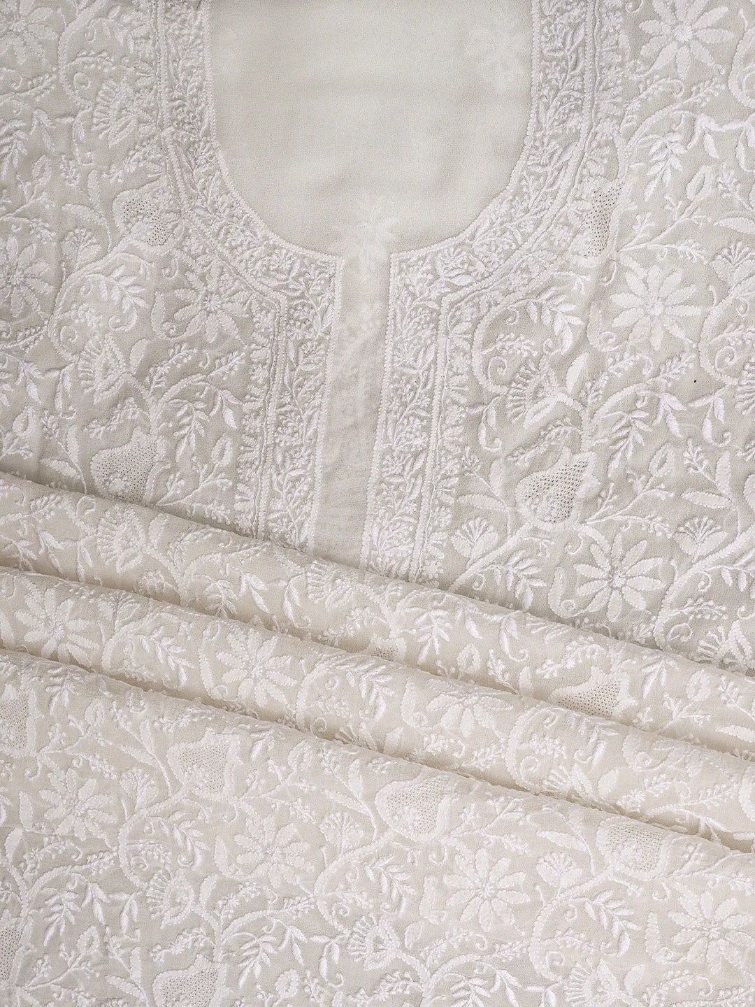 Ada Hand Embroidered White Pure Georgette Lucknowi Chikankari Unstitched Kurta Dupatta Set 01A935443