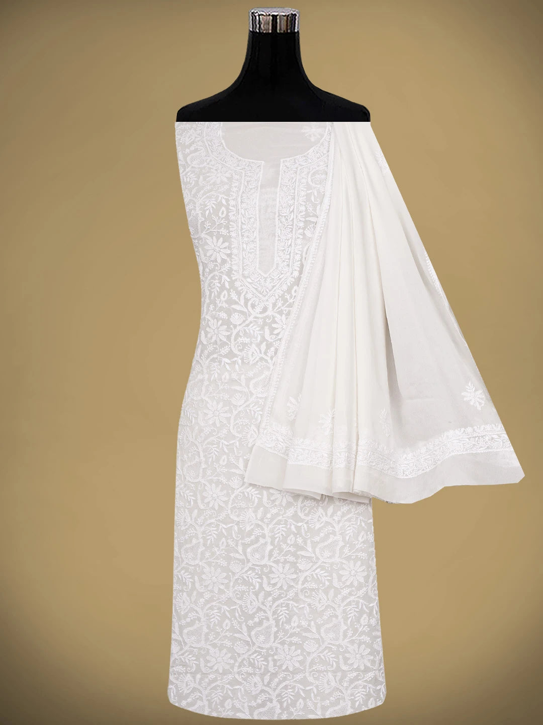 Ada Hand Embroidered White Pure Georgette Lucknowi Chikankari Unstitched Kurta Dupatta Set 01A935443