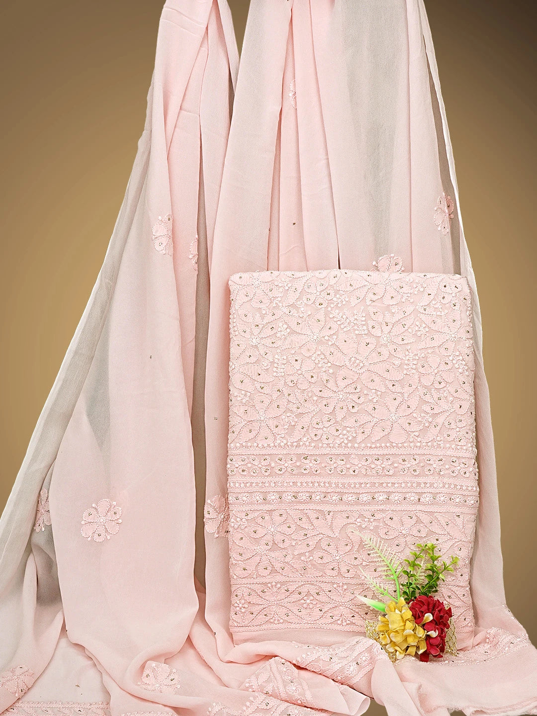 Ada Hand Embroidered Pale Pink Viscose Georgette Lucknowi Chikankari Unstitched Kurta Dupatta Set With Muqaish Work 01A801903
