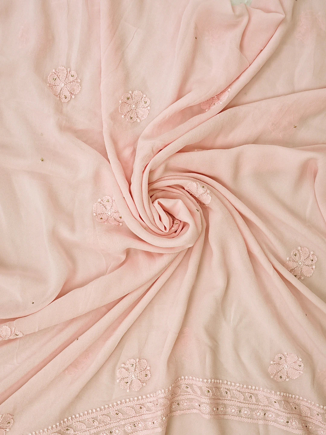 Ada Hand Embroidered Pale Pink Viscose Georgette Lucknowi Chikankari Unstitched Kurta Dupatta Set With Muqaish Work 01A801903