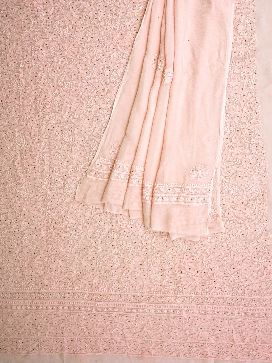 Ada Hand Embroidered Pale Pink Viscose Georgette Lucknowi Chikankari Unstitched Kurta Dupatta Set With Muqaish Work 01A801903
