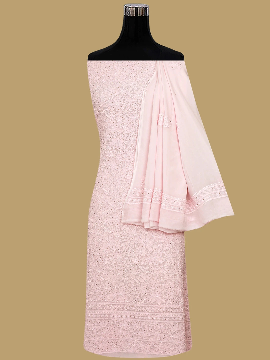 Ada Hand Embroidered Pale Pink Viscose Georgette Lucknowi Chikankari Unstitched Kurta Dupatta Set With Muqaish Work 01A801903