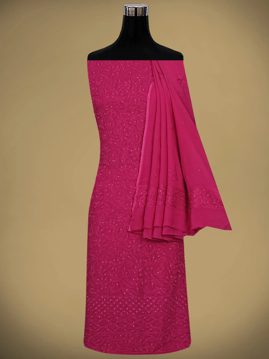 Ada Hand Embroidered Magenta Viscose Georgette Lucknowi Chikankari Unstitched Kurta Dupatta Set With Mukaish/Muqaish Work 01A933361