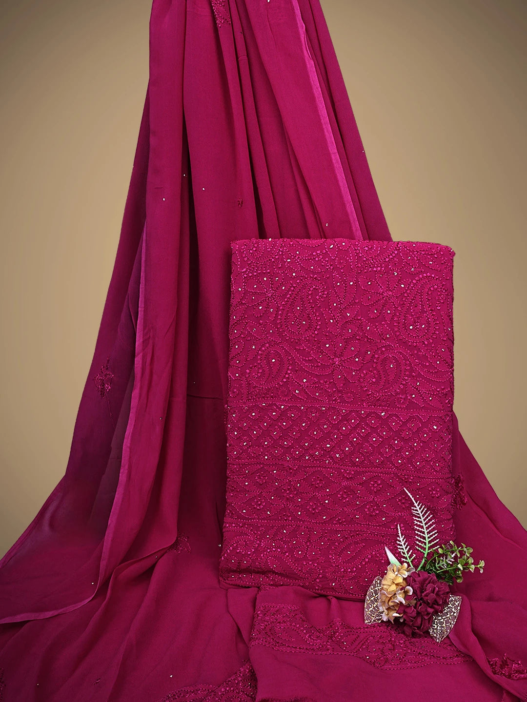 Ada Hand Embroidered Magenta Viscose Georgette Lucknowi Chikankari Unstitched Kurta Dupatta Set With Mukaish/Muqaish Work 01A933361