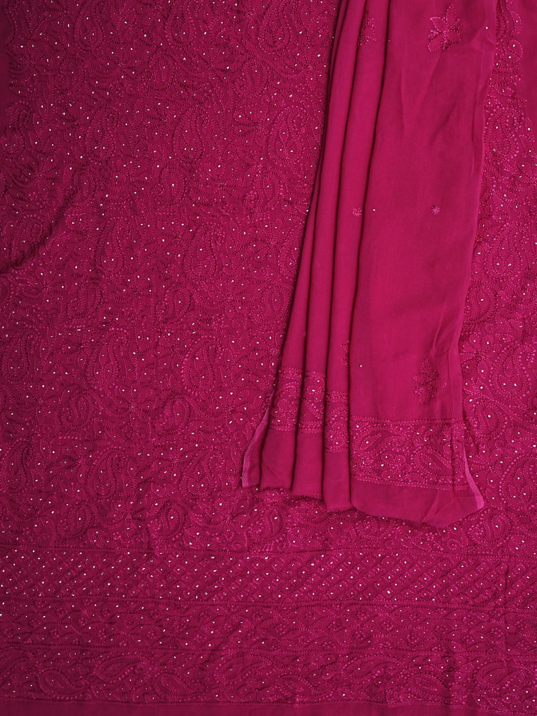 Ada Hand Embroidered Magenta Viscose Georgette Lucknowi Chikankari Unstitched Kurta Dupatta Set With Mukaish/Muqaish Work 01A933361