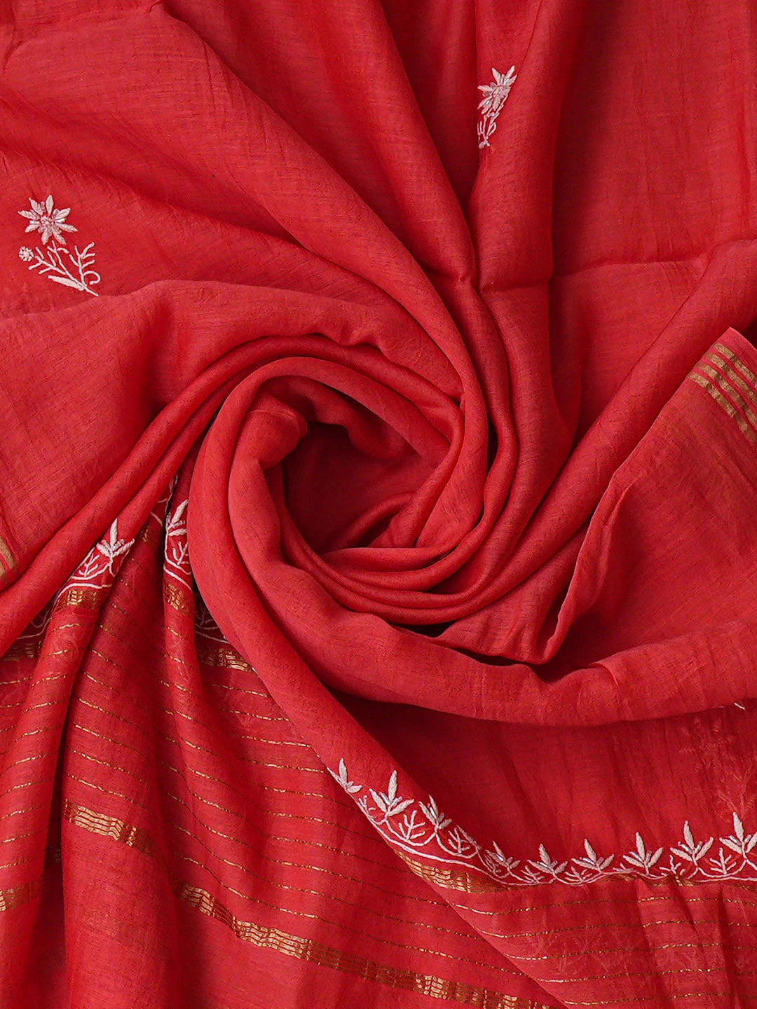 Ada Hand Embroidered Carrot Pink Chanderi Lucknowi Chikankari Unstitched Kurta Dupatta Set With Cutdana Work 01A922084