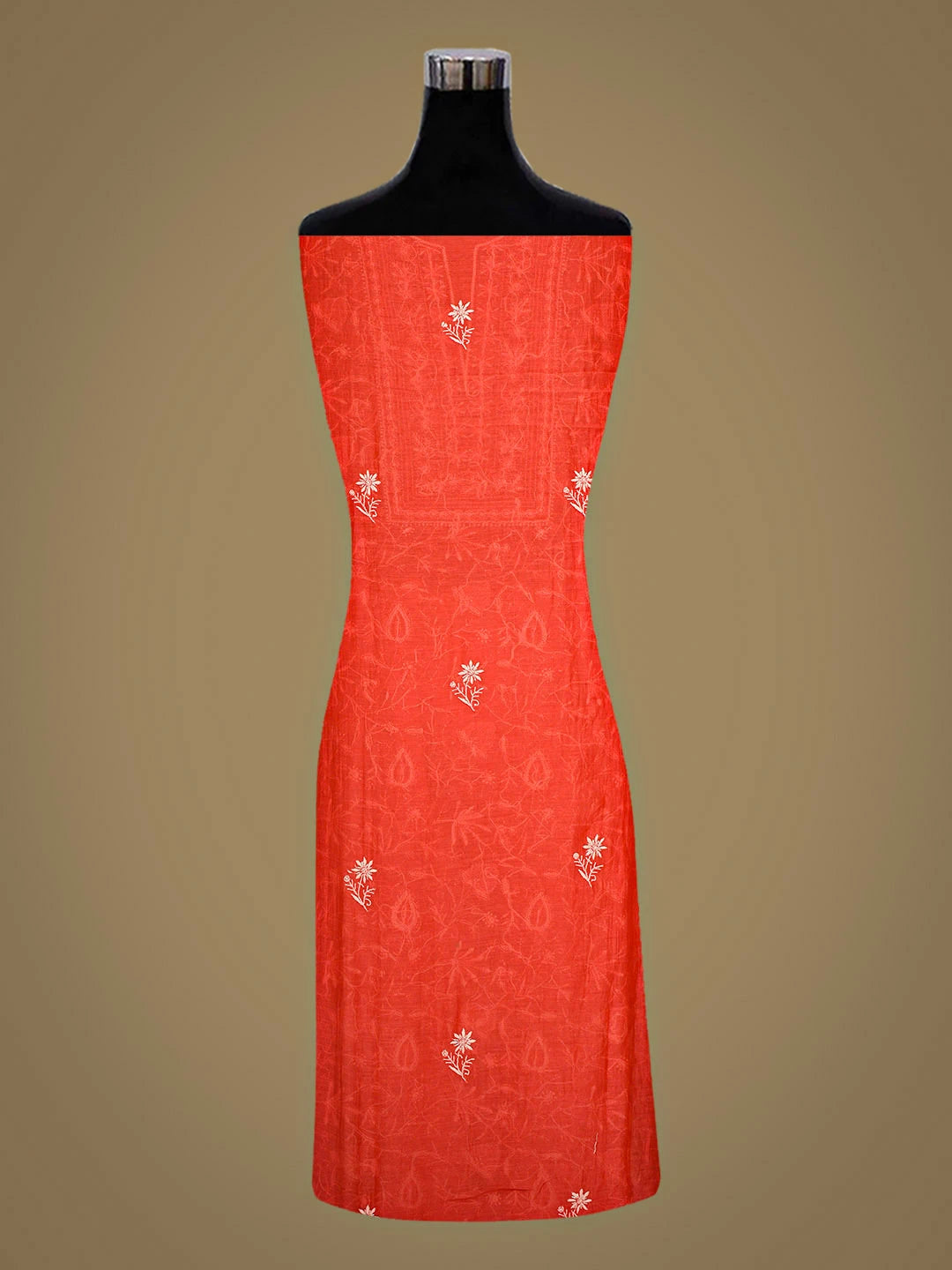 Ada Hand Embroidered Carrot Pink Chanderi Lucknowi Chikankari Unstitched Kurta Dupatta Set With Cutdana Work 01A922084