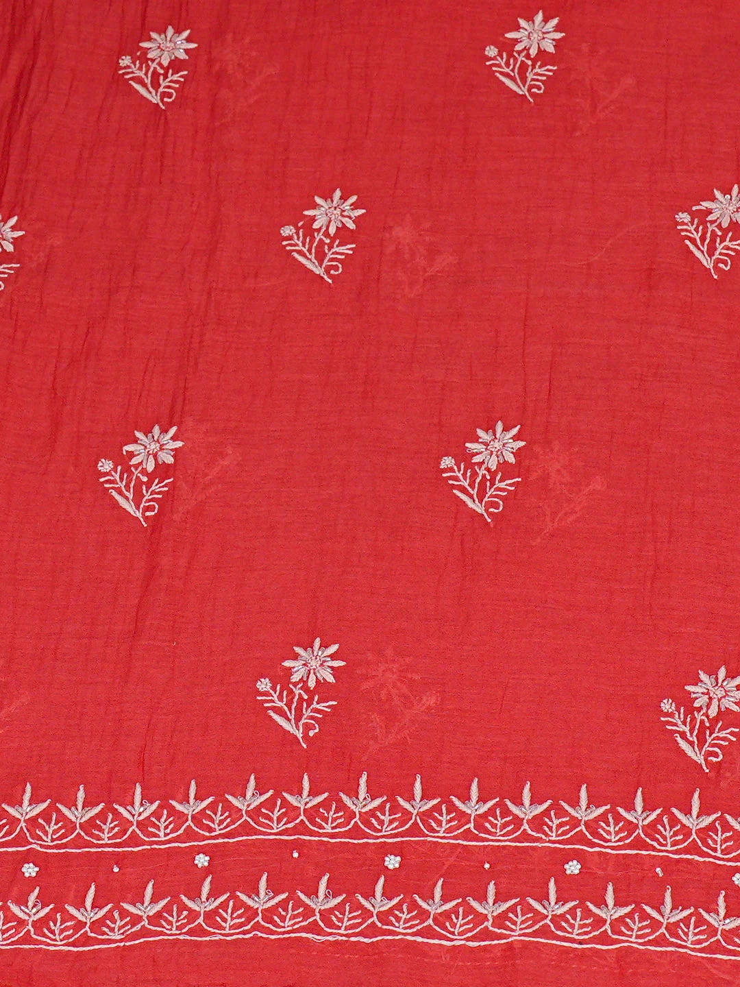 Ada Hand Embroidered Carrot Pink Chanderi Lucknowi Chikankari Unstitched Kurta Dupatta Set With Cutdana Work 01A922084