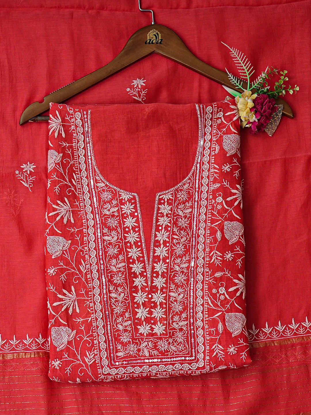 Ada Hand Embroidered Carrot Pink Chanderi Lucknowi Chikankari Unstitched Kurta Dupatta Set With Cutdana Work 01A922084