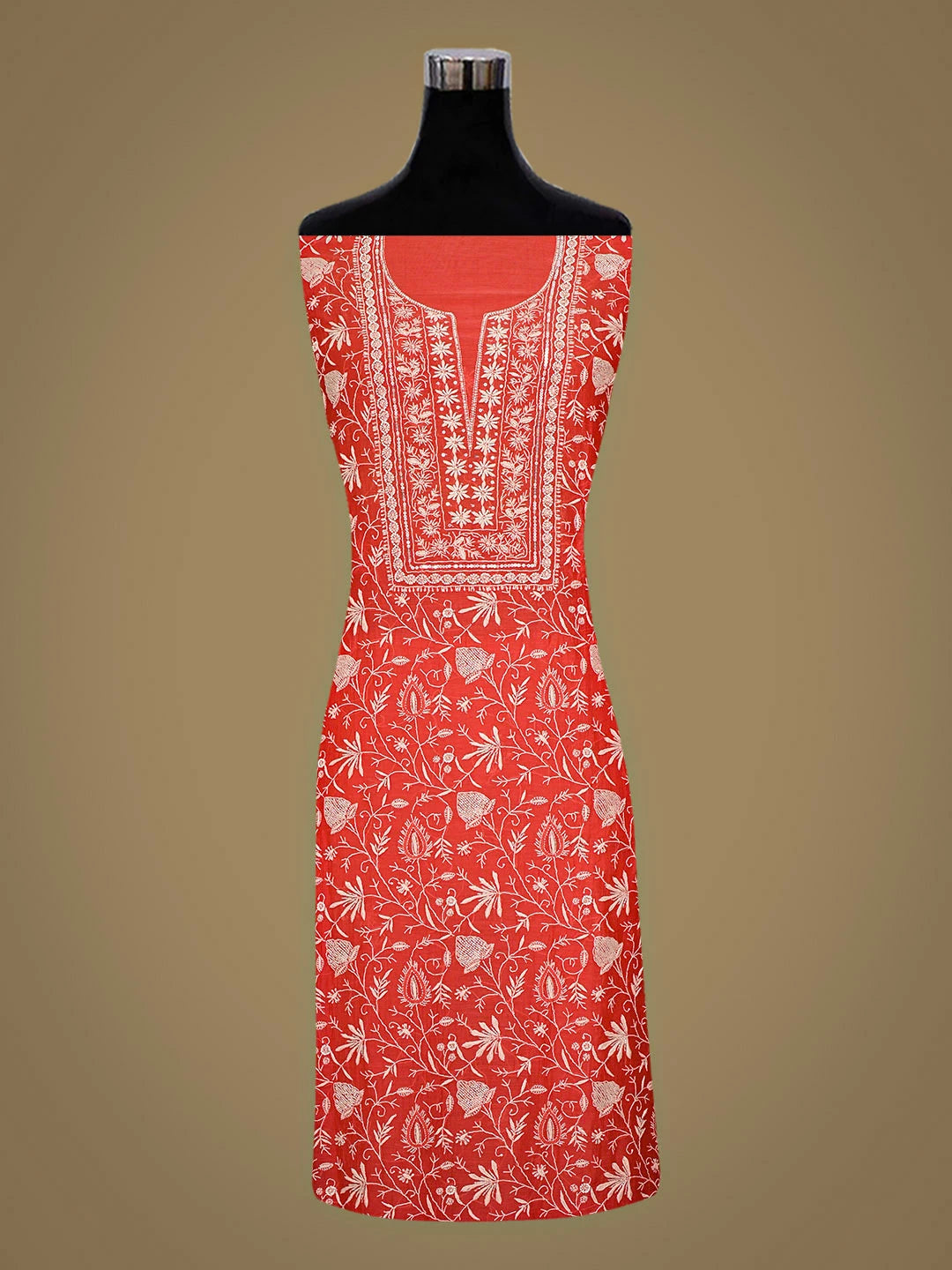 Ada Hand Embroidered Carrot Pink Chanderi Lucknowi Chikankari Unstitched Kurta Dupatta Set With Cutdana Work 01A922084