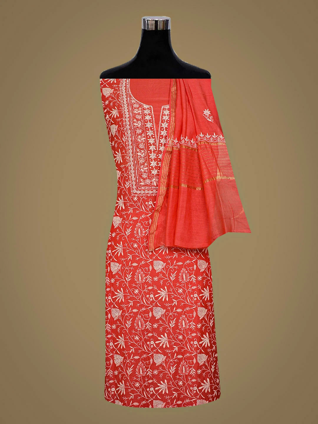 Ada Hand Embroidered Carrot Pink Chanderi Lucknowi Chikankari Unstitched Kurta Dupatta Set With Cutdana Work 01A922084