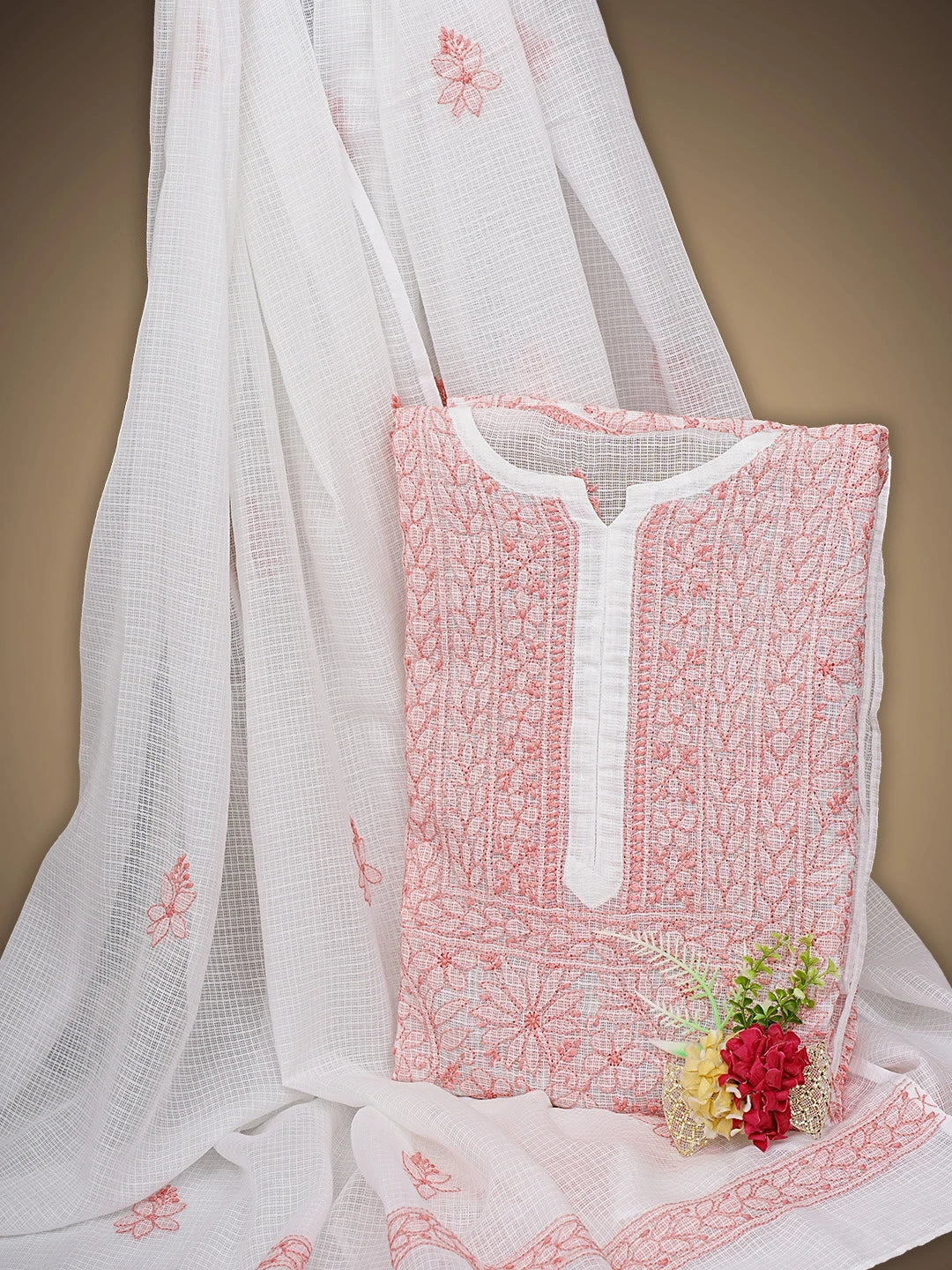 Ada Hand Embroidered White Kota Lucknowi Chikankari Semi-stitched Kurta Dupatta Set 01A919716