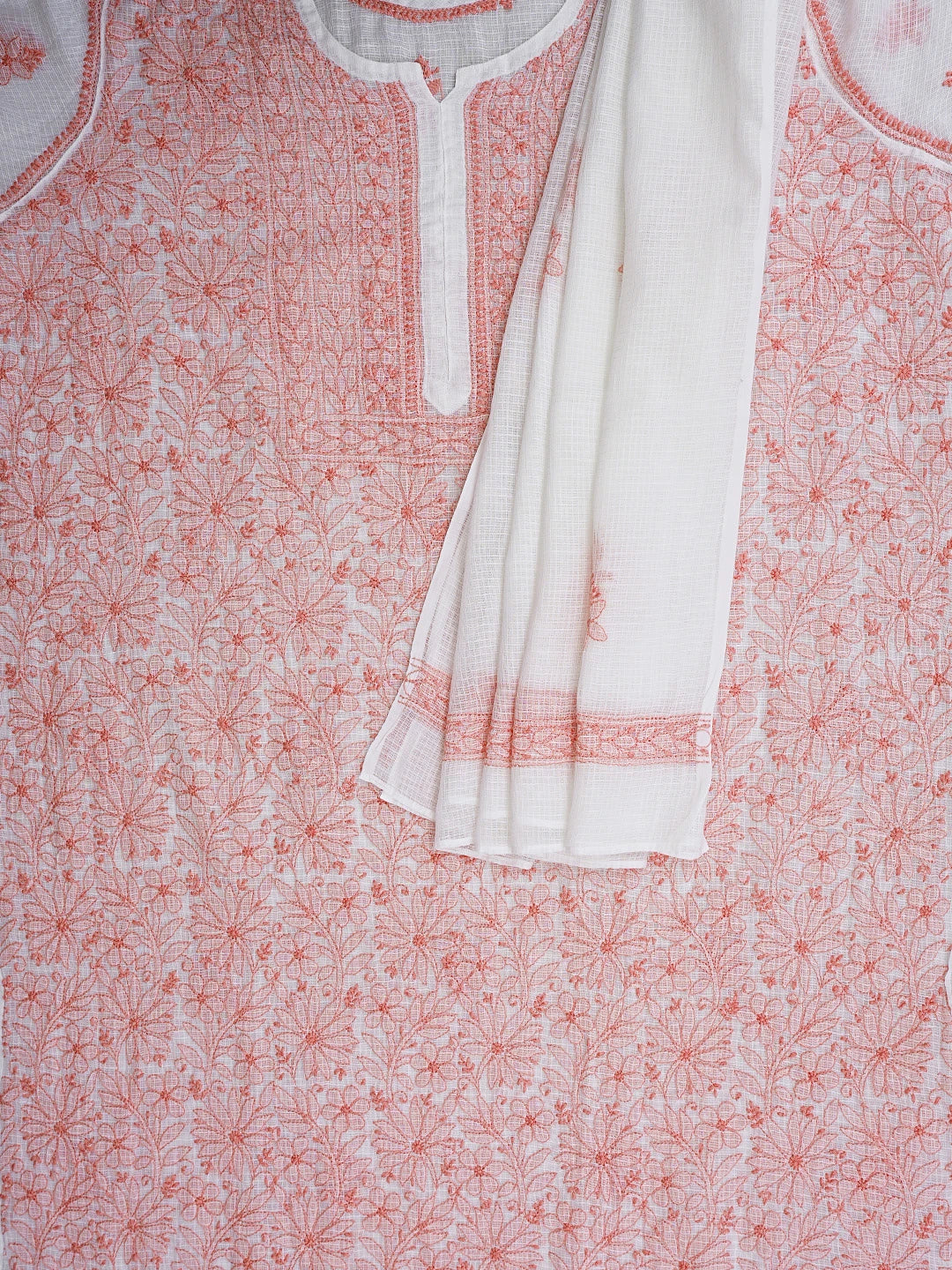 Ada Hand Embroidered White Kota Lucknowi Chikankari Semi-stitched Kurta Dupatta Set 01A919716