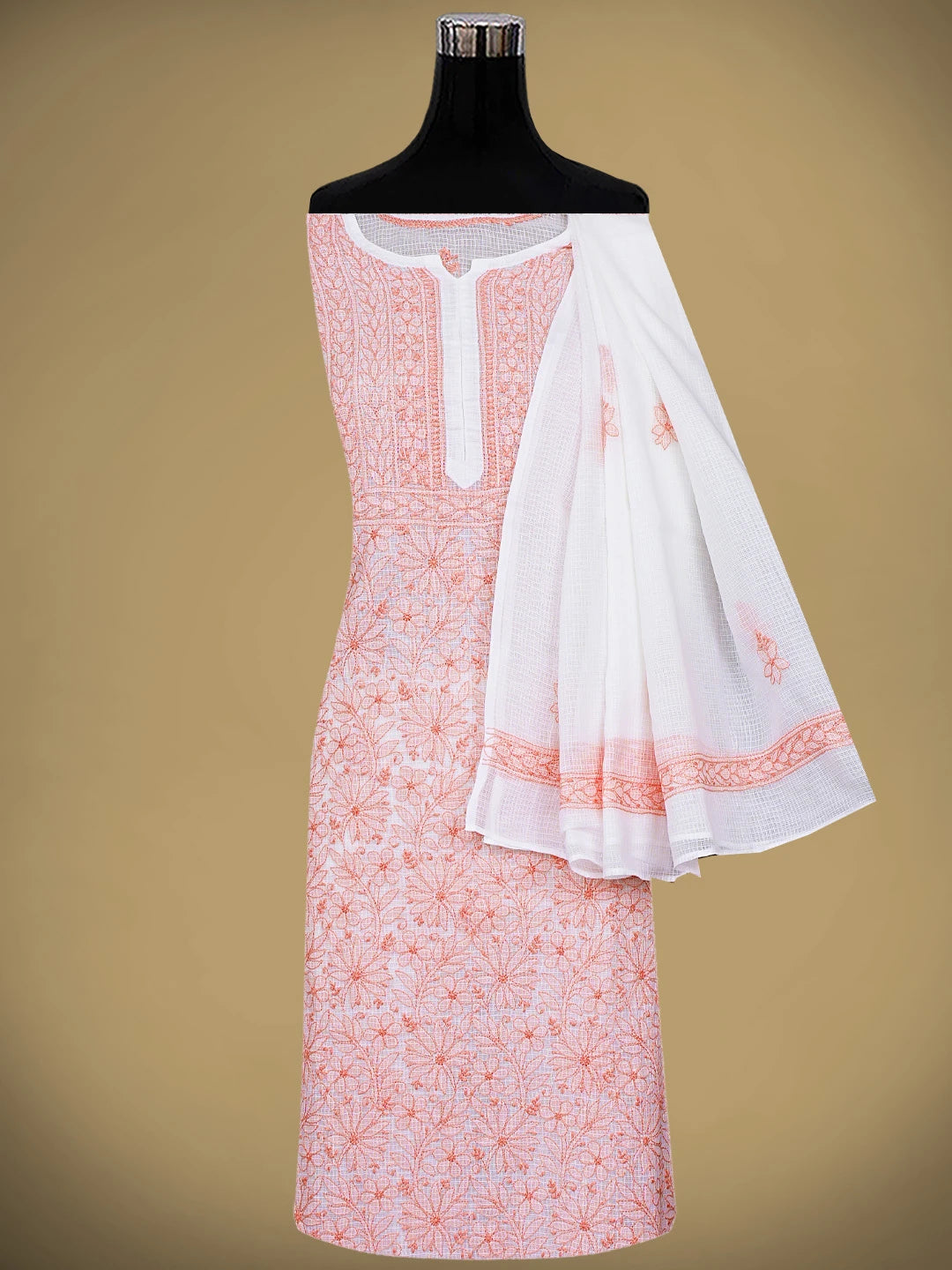 Ada Hand Embroidered White Kota Lucknowi Chikankari Semi-stitched Kurta Dupatta Set 01A919716