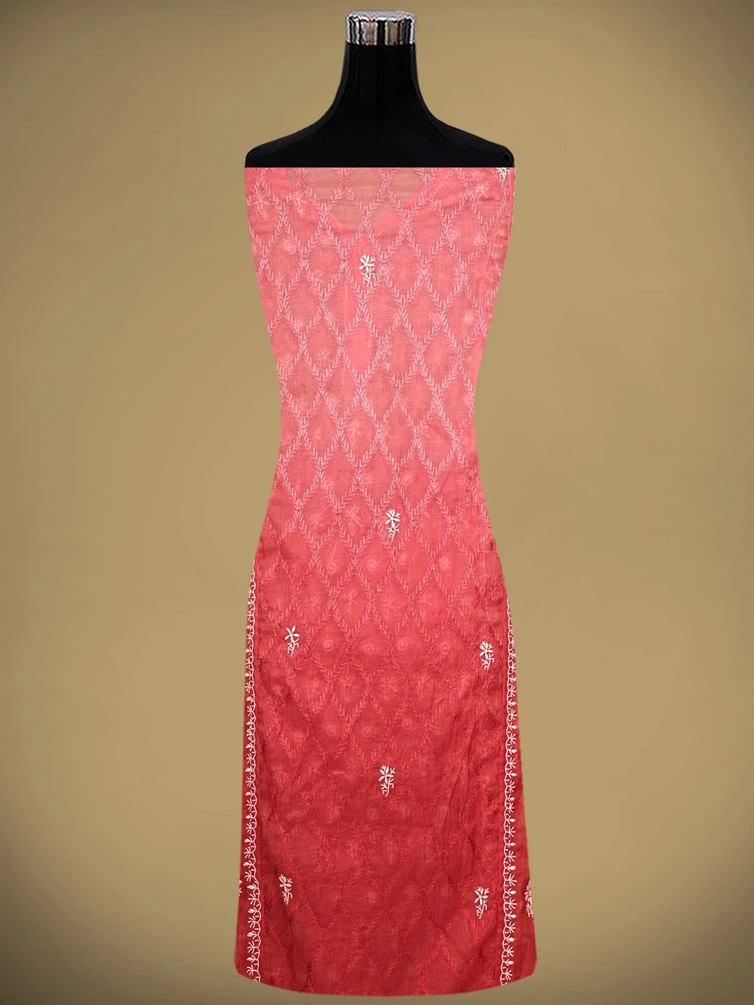 Ada Hand Embroidered Ombre Shade Of Blushed Brick & Carrot Pink Chanderi Lucknowi Chikankari Semi-Stitched Kurta Dupatta Set With Cutdana Work 01A931932