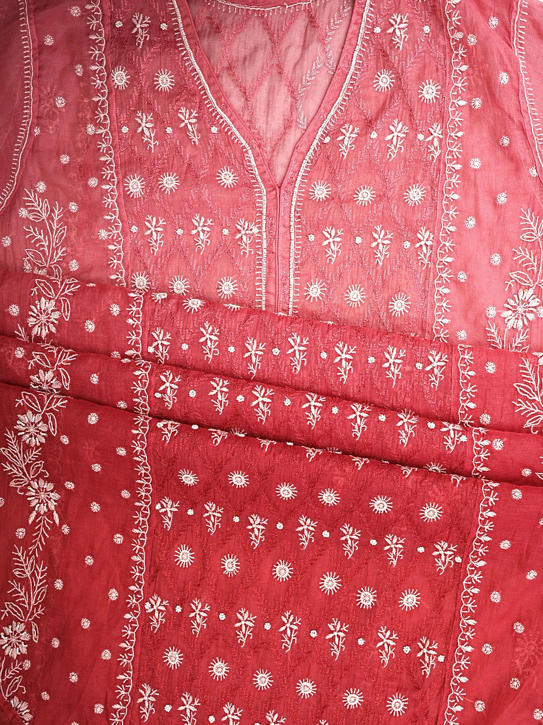 Ada Hand Embroidered Ombre Shade Of Blushed Brick & Carrot Pink Chanderi Lucknowi Chikankari Semi-Stitched Kurta Dupatta Set With Cutdana Work 01A931932
