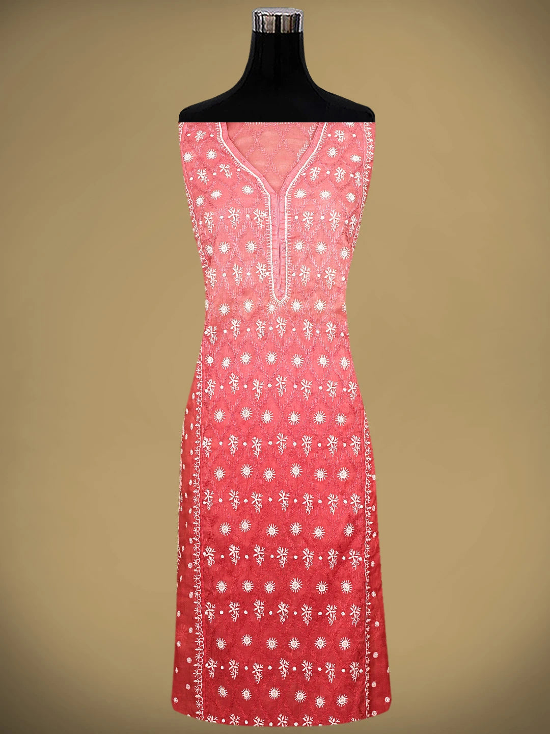 Ada Hand Embroidered Ombre Shade Of Blushed Brick & Carrot Pink Chanderi Lucknowi Chikankari Semi-Stitched Kurta Dupatta Set With Cutdana Work 01A931932