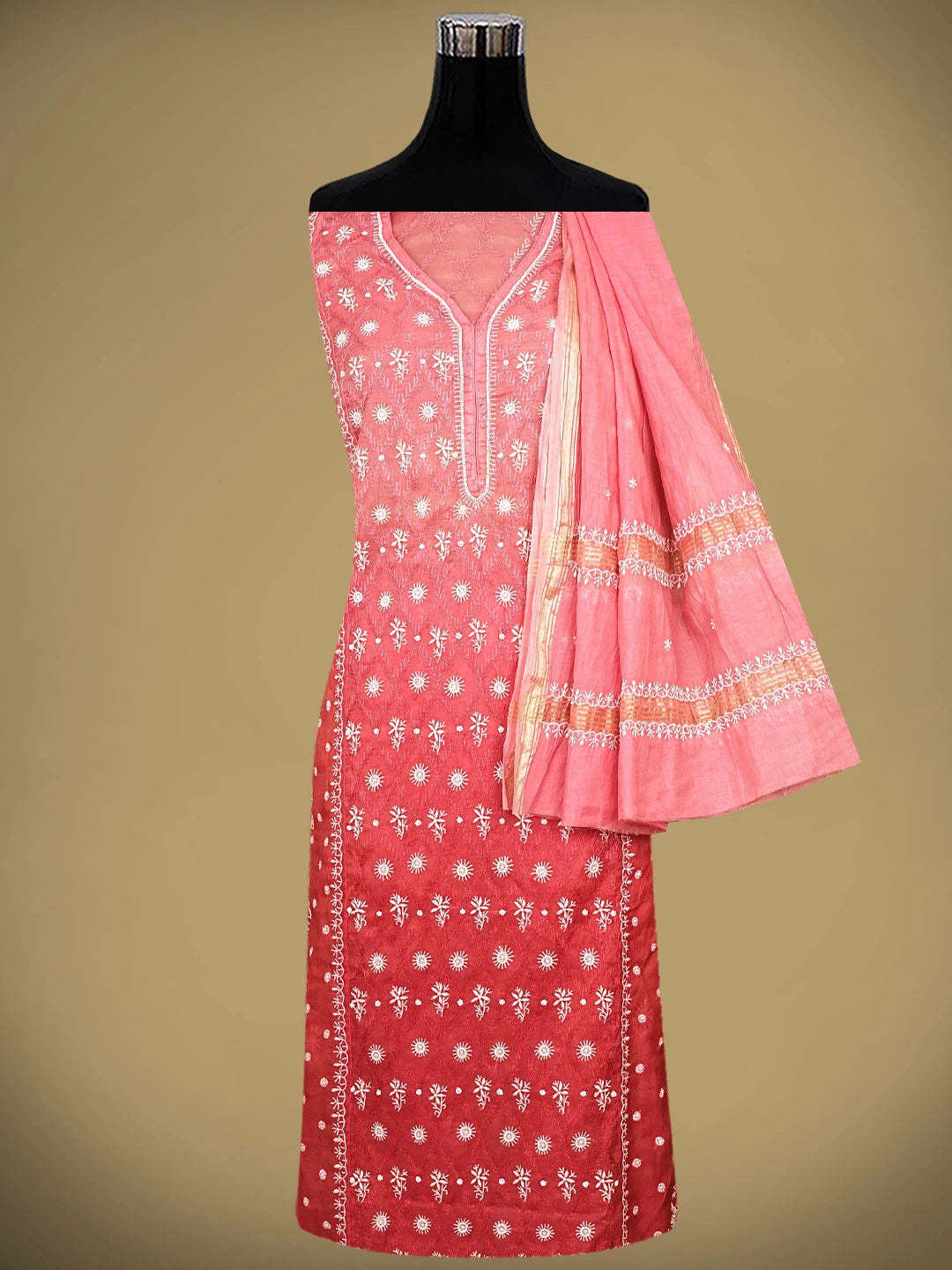 Ada Hand Embroidered Ombre Shade Of Blushed Brick & Carrot Pink Chanderi Lucknowi Chikankari Semi-Stitched Kurta Dupatta Set With Cutdana Work 01A931932